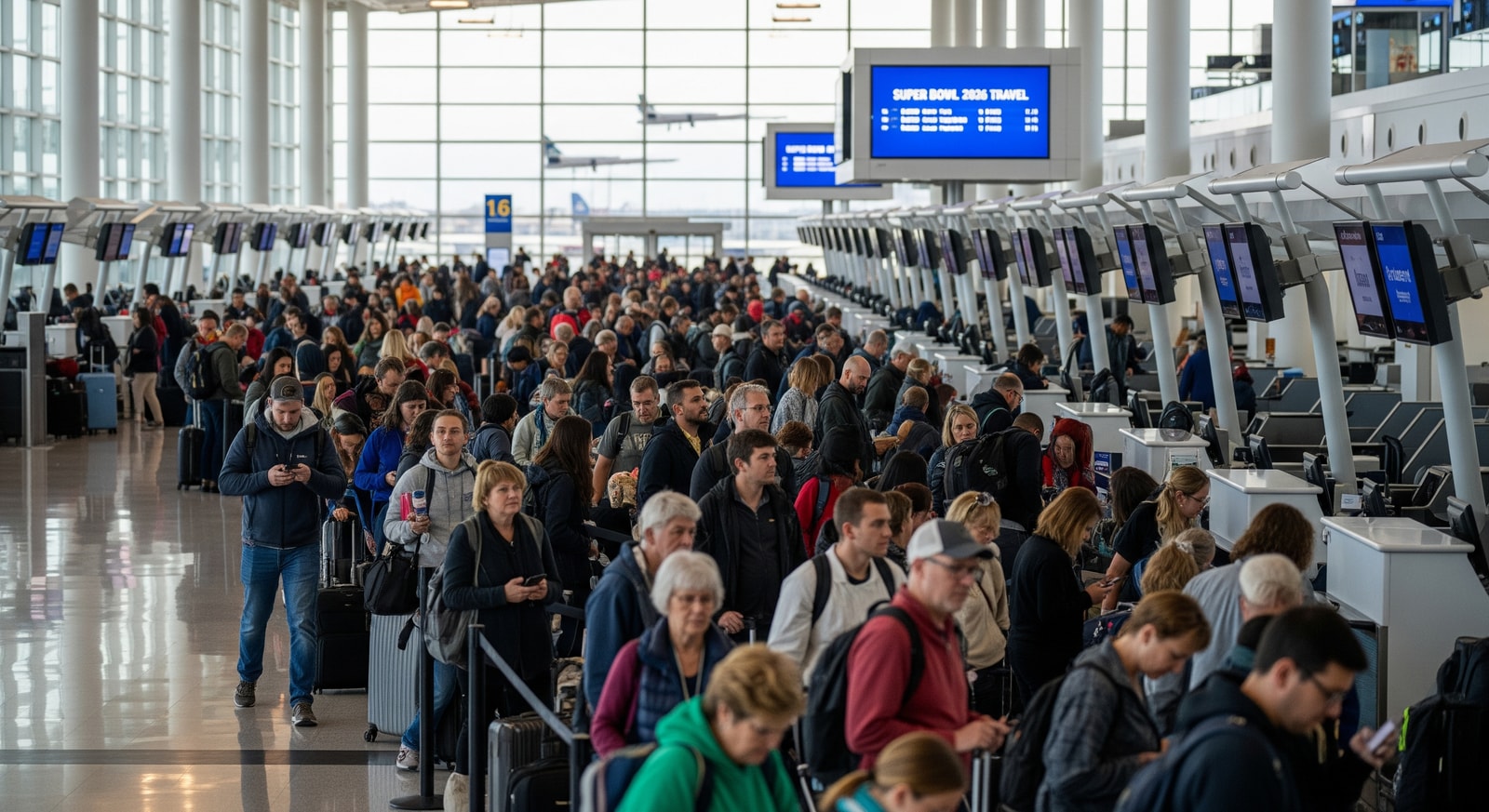 Passengers queuing at an airport terminal as airlines prepare extra flights for Super Bowl 2026 travel