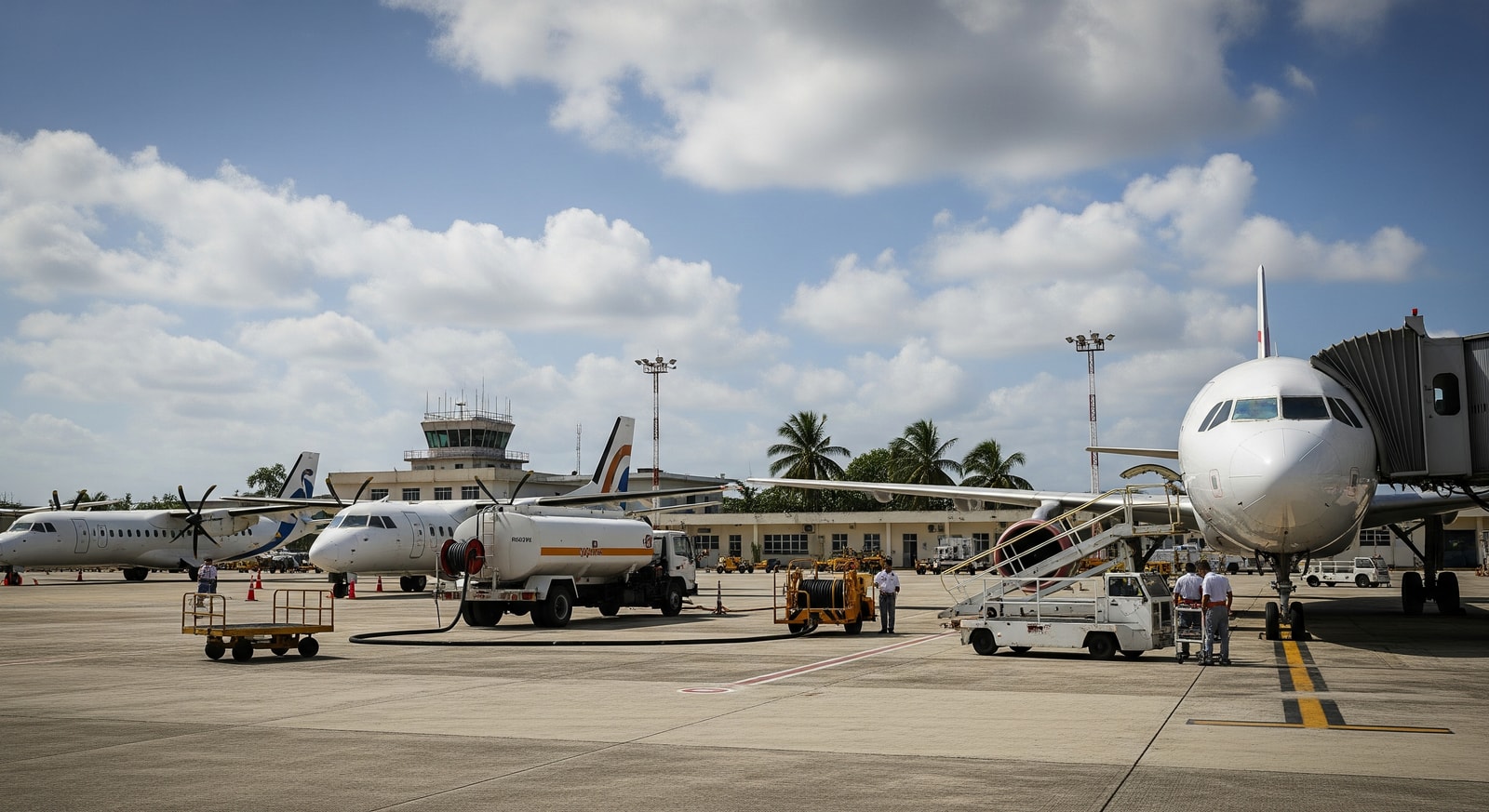 Grounded aircraft and service vehicles at a Cuban airport illustrating flight disruptions from fuel shortages