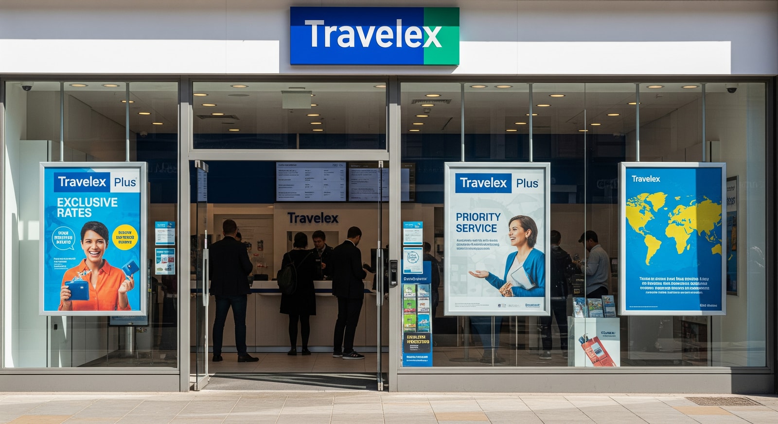 Travelex storefront with customers and promotional signage for Travelex Plus loyalty programme in the UK