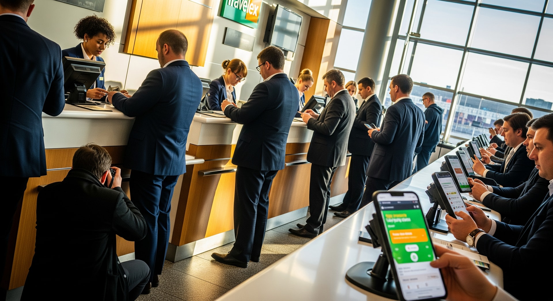 Customers using a foreign exchange counter and digital loyalty app at Travelex in the UK