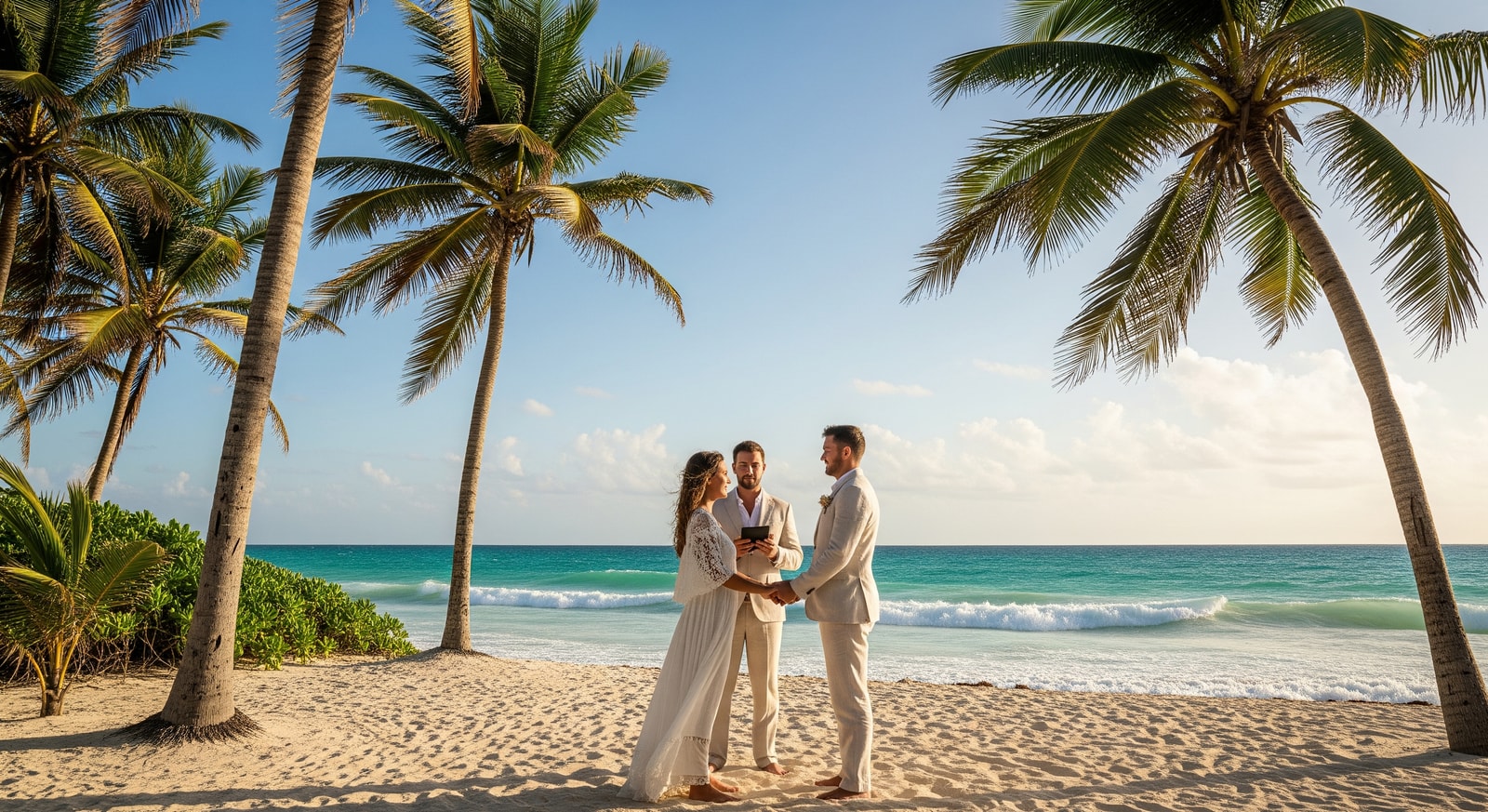 Couple at a beach wedding venue in Tulum with palm trees and ocean—Destination Wedding summit setting