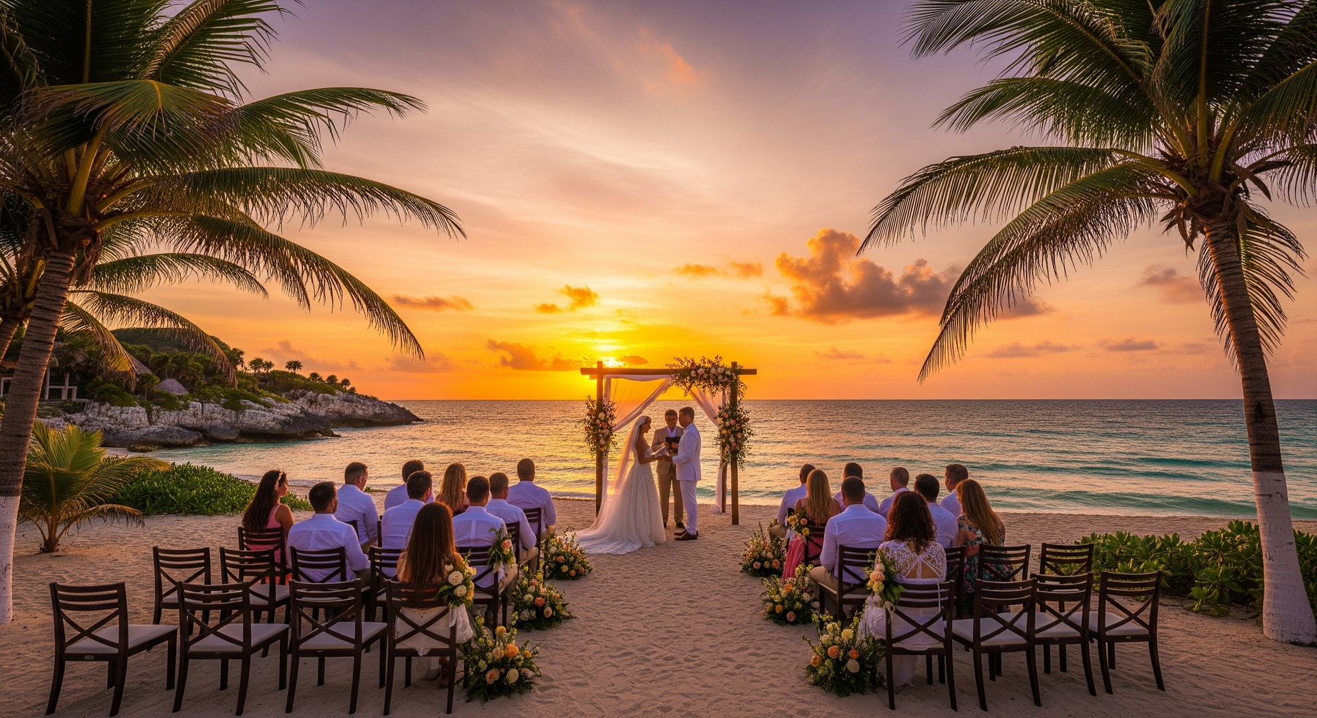 Tulum beach wedding venue at sunset with palm trees and ocean view