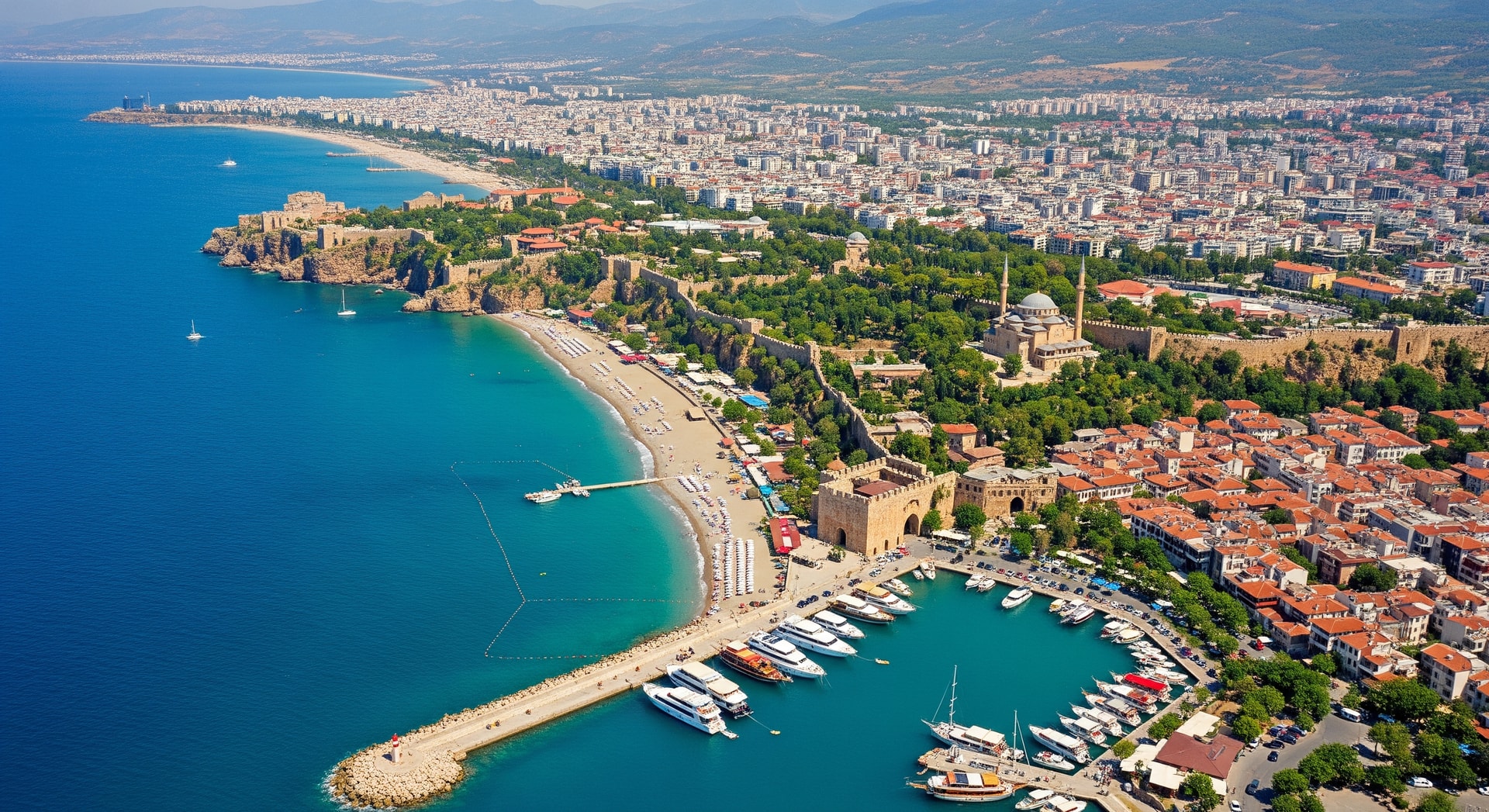 Aerial view of Antalya coastline and historic sites representing Türkiye's diverse tourism attractions