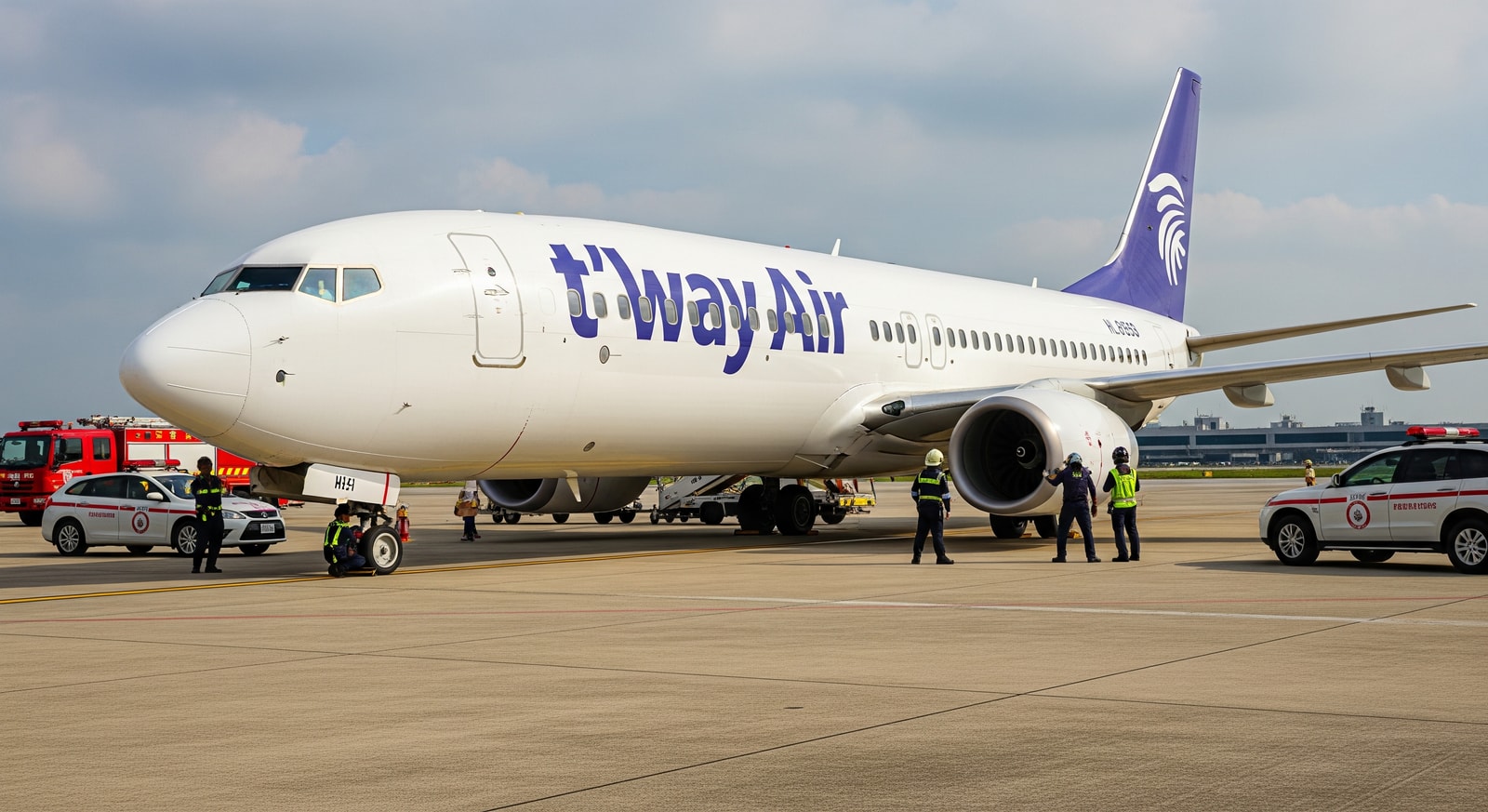 T’way Air Boeing 737-800 at Taoyuan apron after landing incident with runway debris cleared