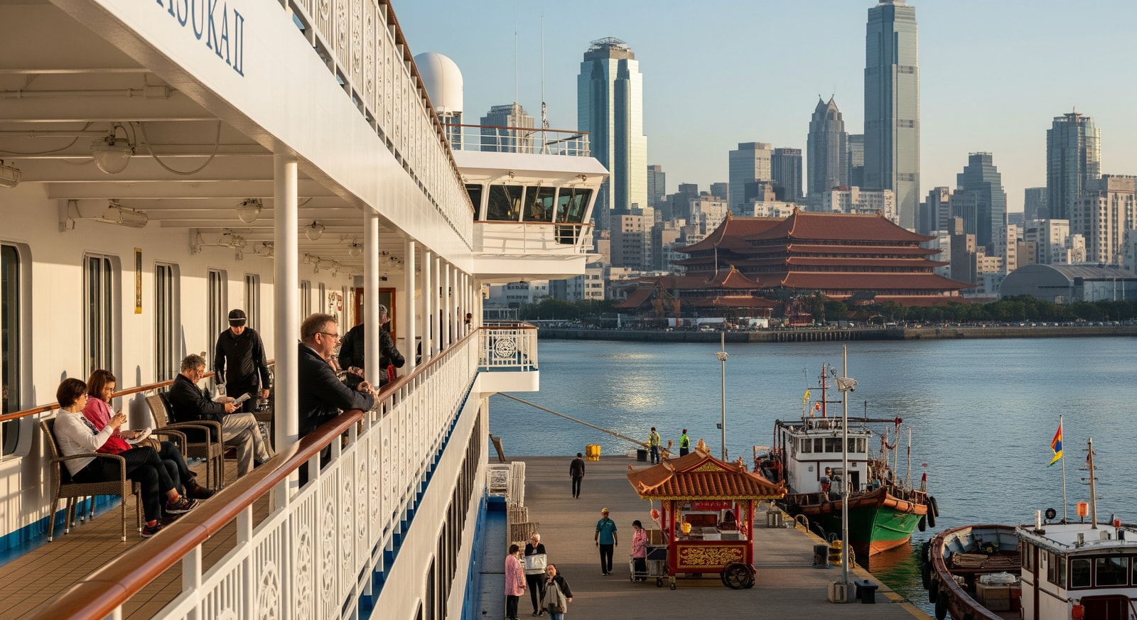 Asuka II docked at an Asian port, illustrating the ship’s calm atmosphere and cultural-focused itineraries