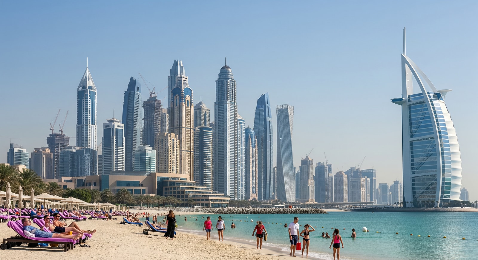 Tourists enjoying a UAE beach and city skyline, reflecting UAE tourism and the World’s Coolest Winter campaign