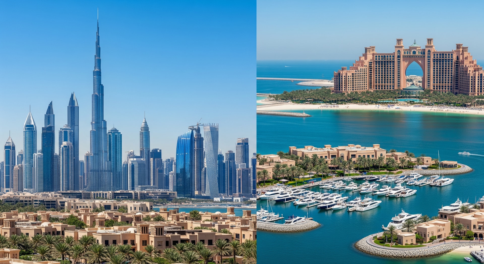 Visitors exploring a UAE cityscape and coastal resort, highlighting UAE tourism offerings