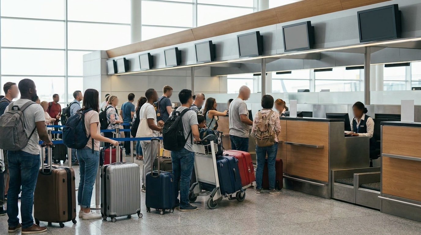 Travellers standing with suitcases near airport check-in counters