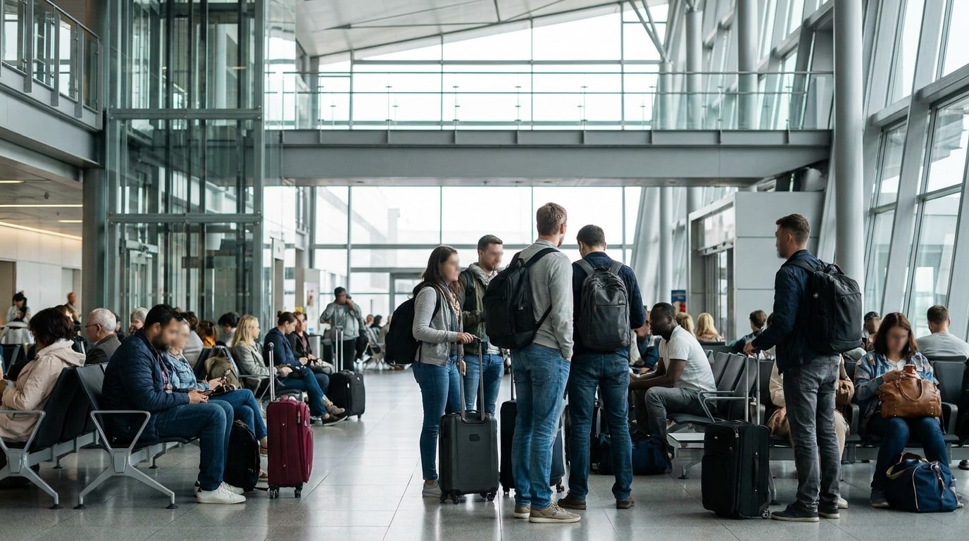 Passengers with luggage waiting inside an airport departure hall