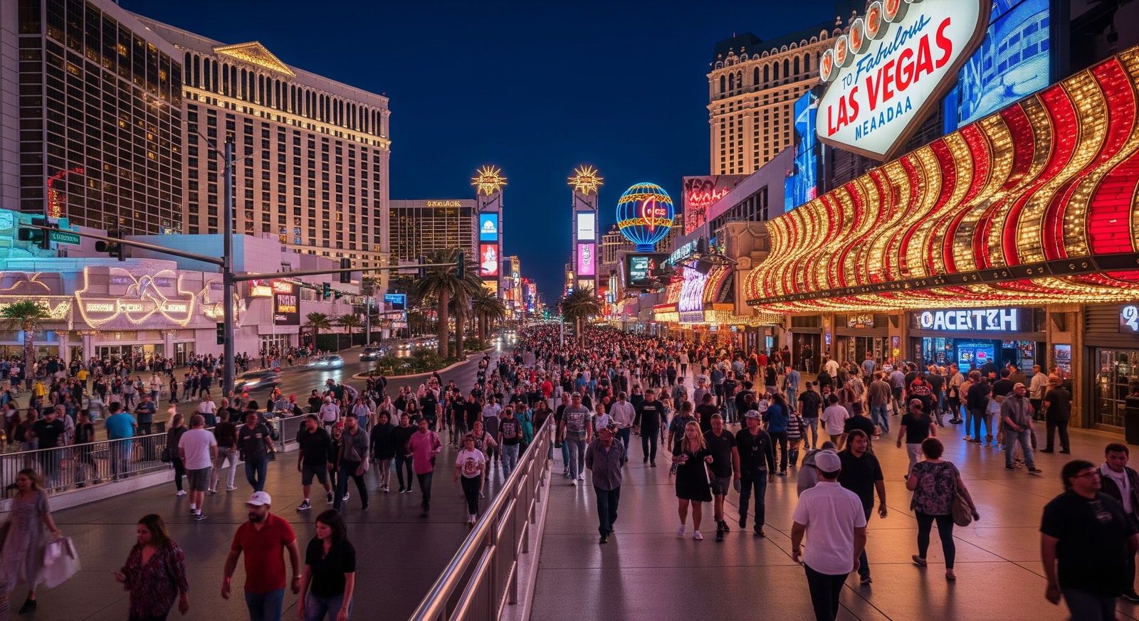 Las Vegas Strip illuminated at night with busy pedestrian walkways and resort signage