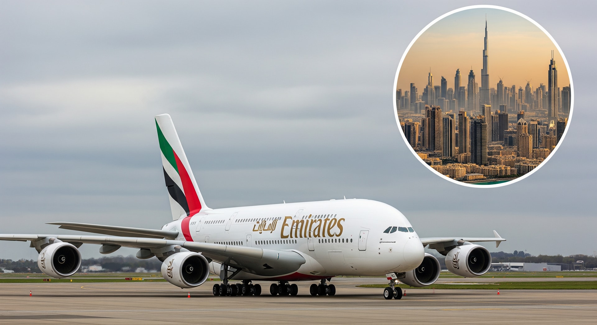 An Emirates Airbus A380 at Glasgow Airport with a Dubai skyline inset