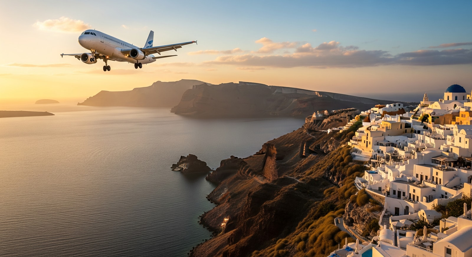 Passenger airplane approaching Santorini island with caldera and white buildings visible