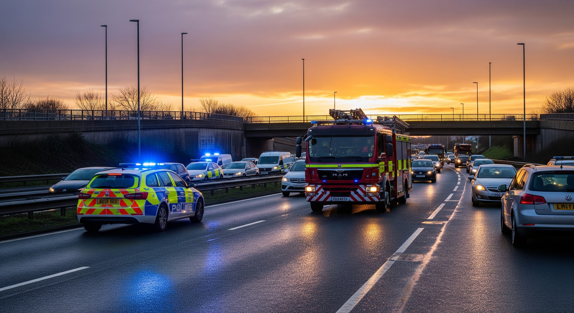 Emergency vehicles and traffic congestion on A52 Brian Clough Way in Derbyshire