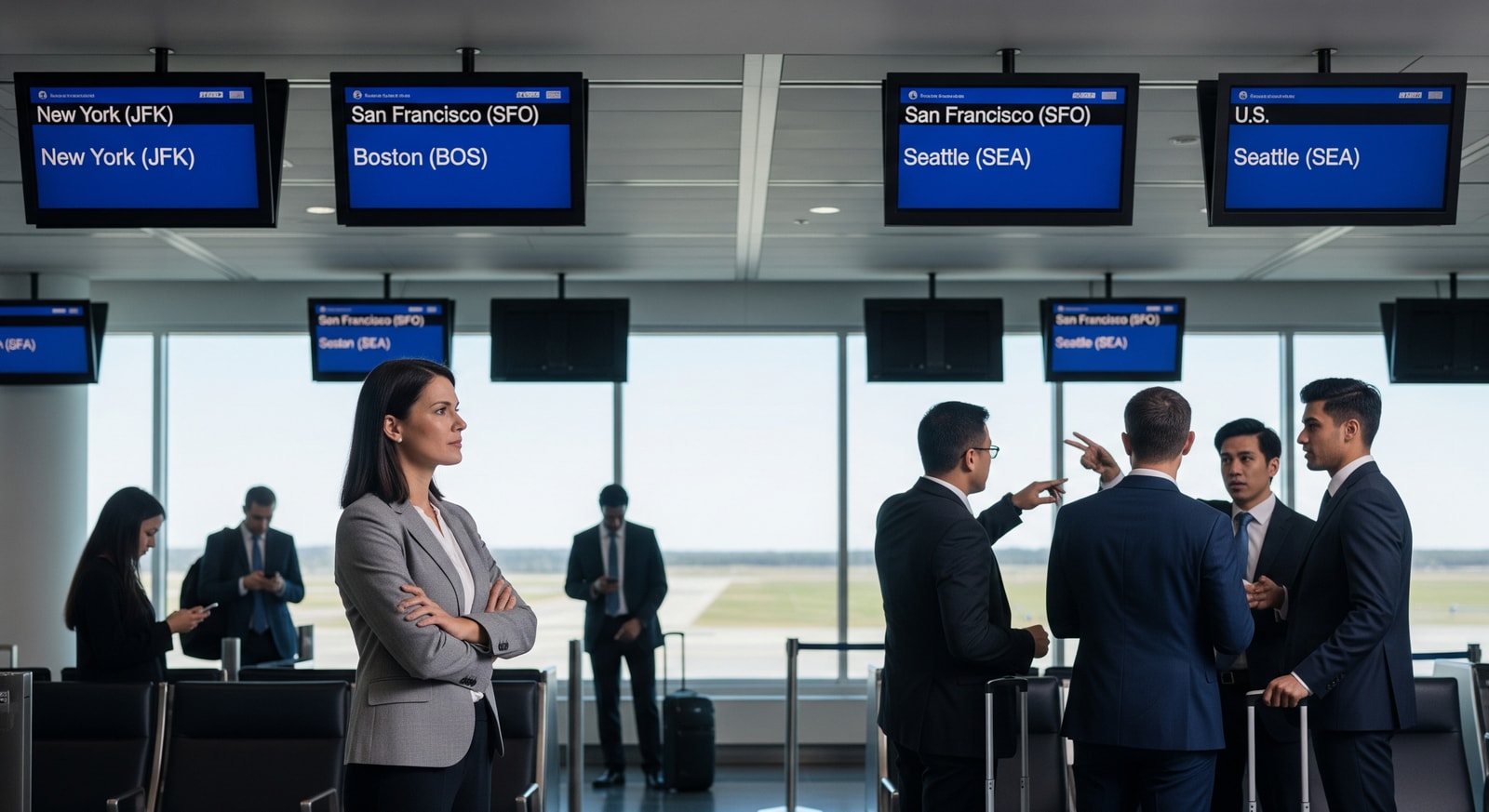 International professionals at an airport gate with boarding screens showing U.S. destinations, representing H-1B travel links
