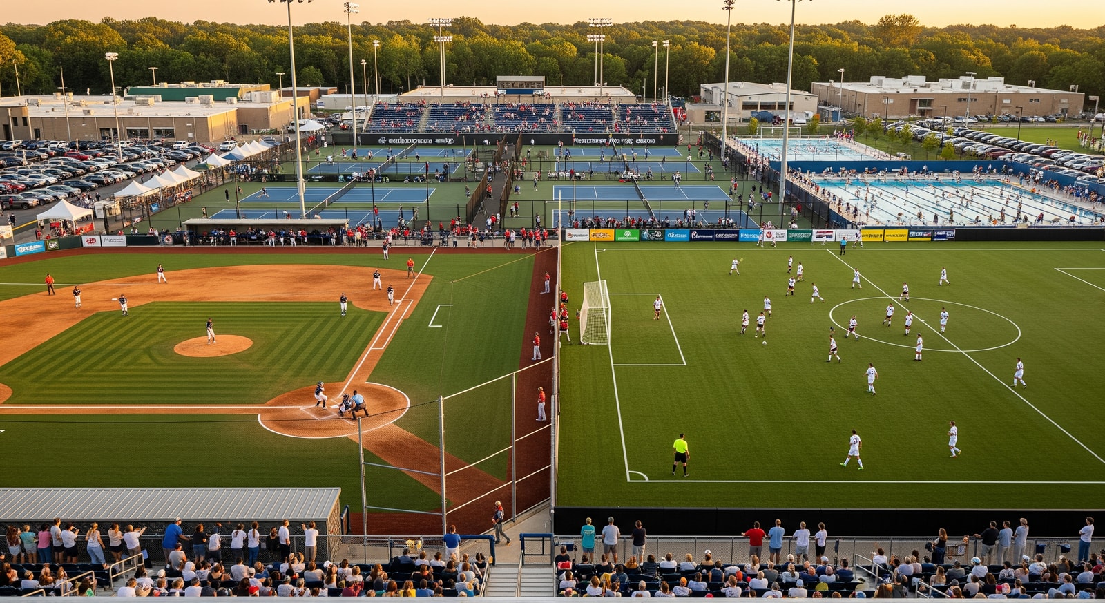 Sports tourism growth in the US shown by a busy county sports complex hosting multiple games at once