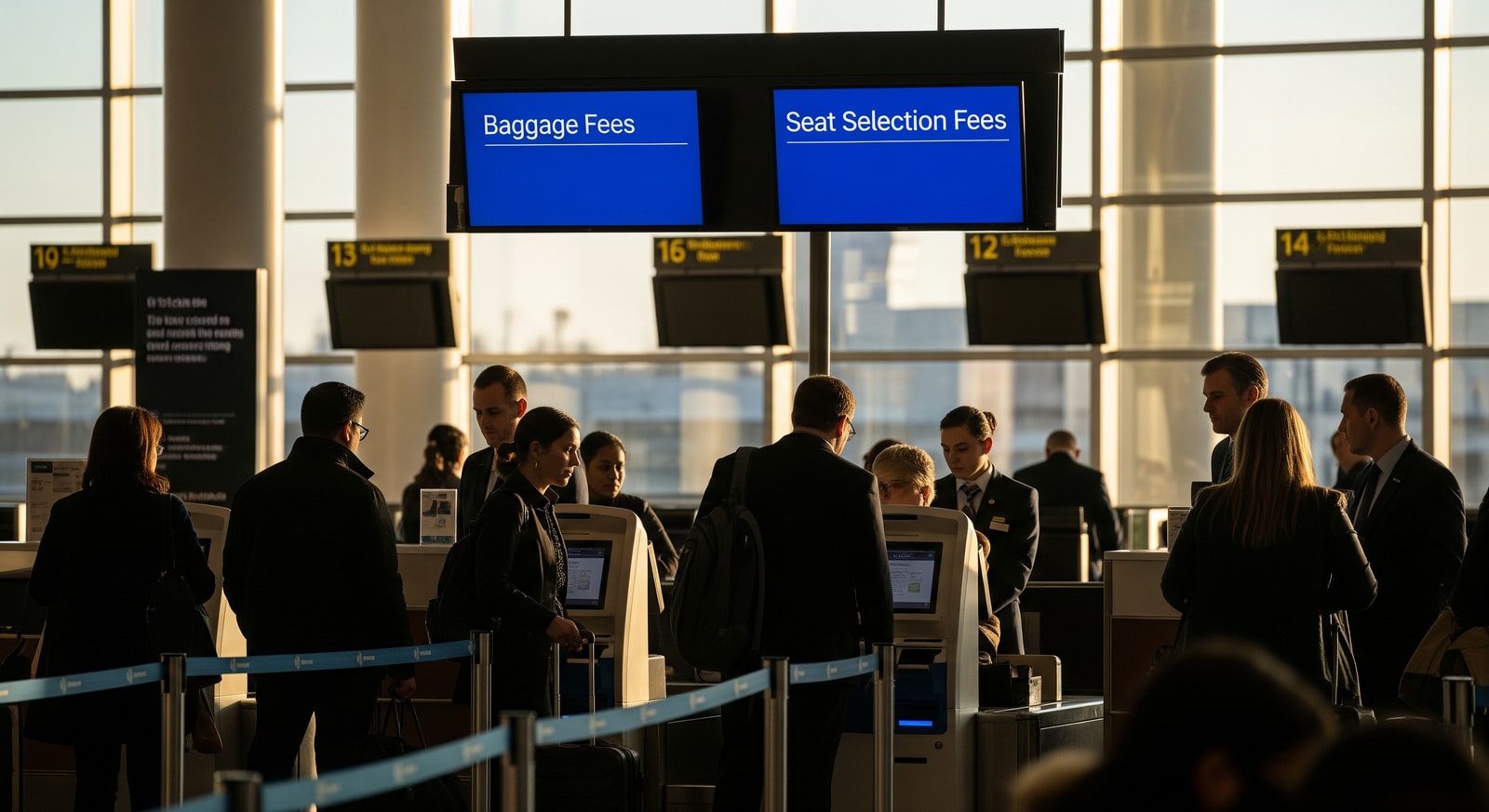 Airline check-in area with passengers and signage about baggage and seat fees, illustrating ancillary fee transparency