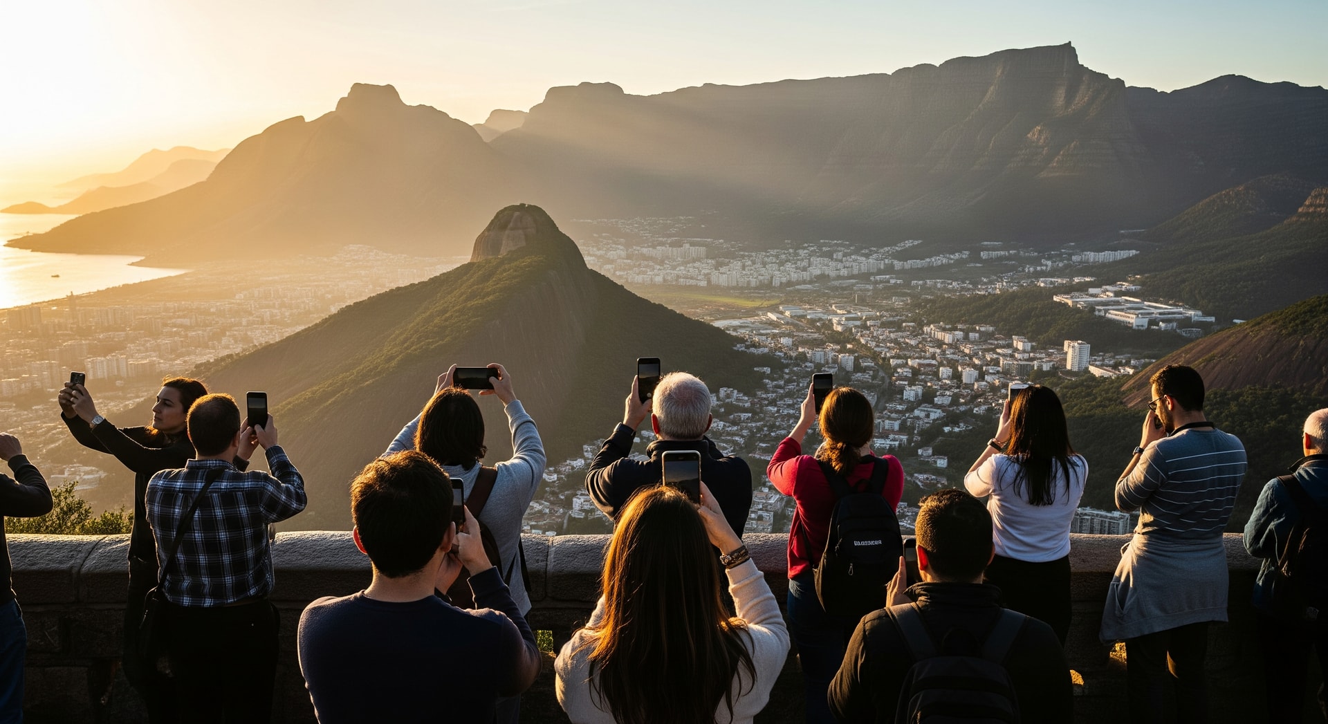 Tourists using smartphones while sightseeing, illustrating social media tourism marketing