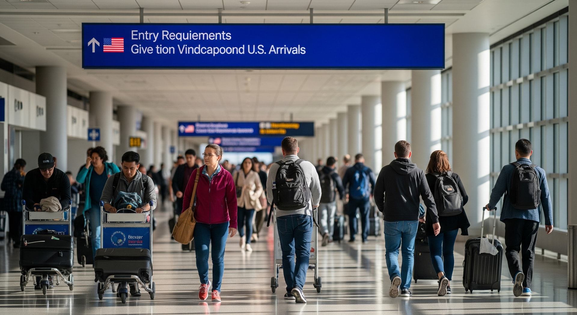 International travellers at a US airport arrivals hall under signage about entry requirements