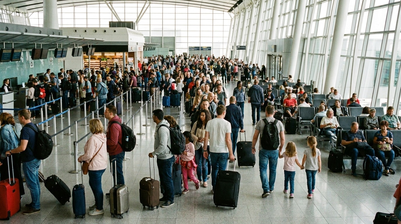 Travellers moving through a busy international airport terminal