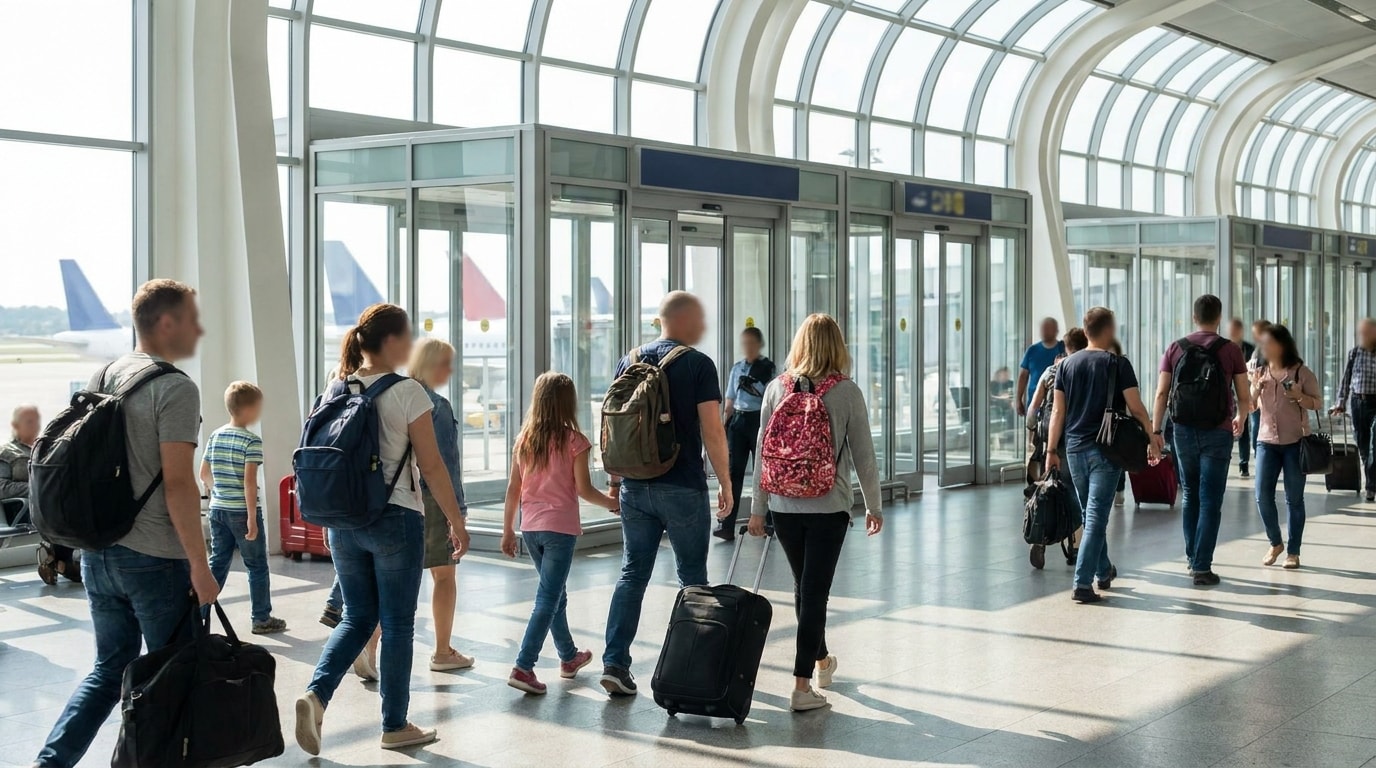 Passengers walking through an airport terminal with departure gates in the background