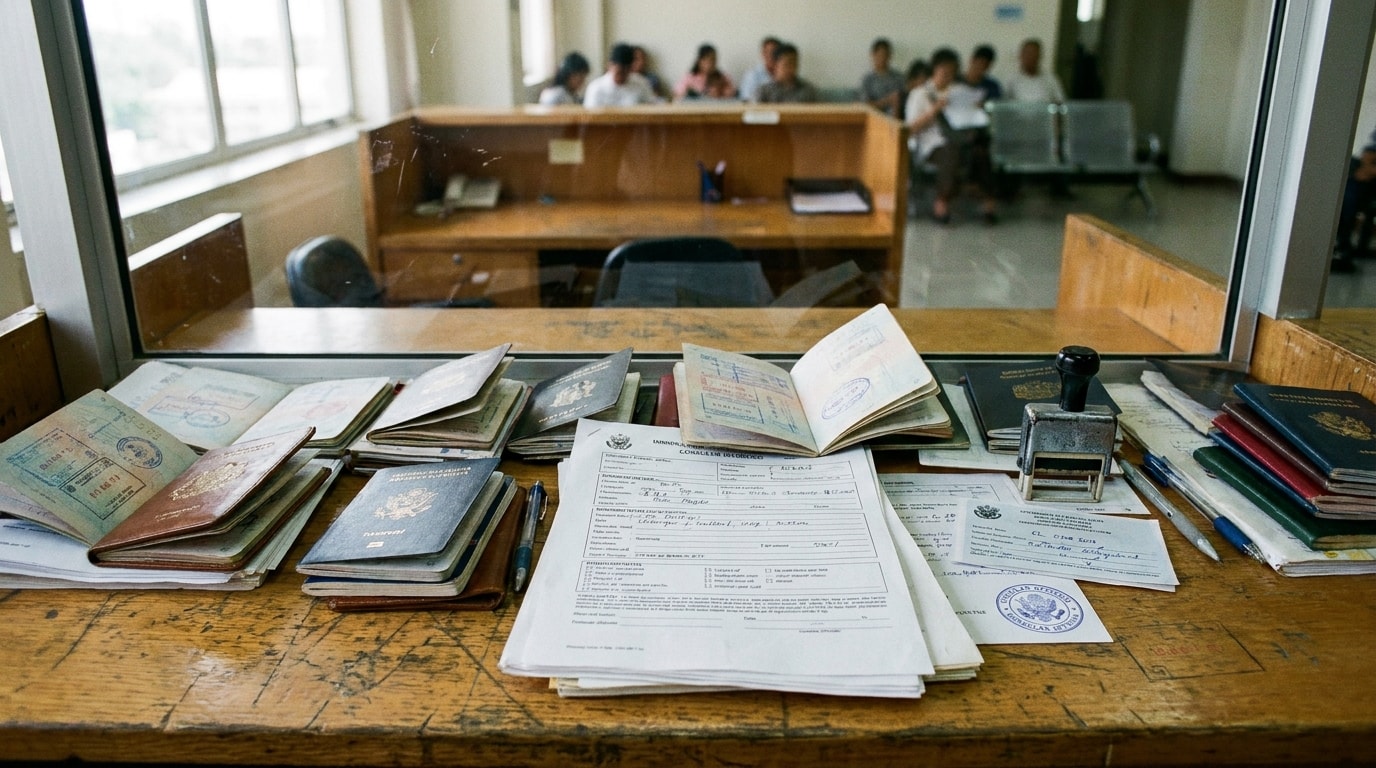 A stack of passports and immigration forms on a consular interview counter