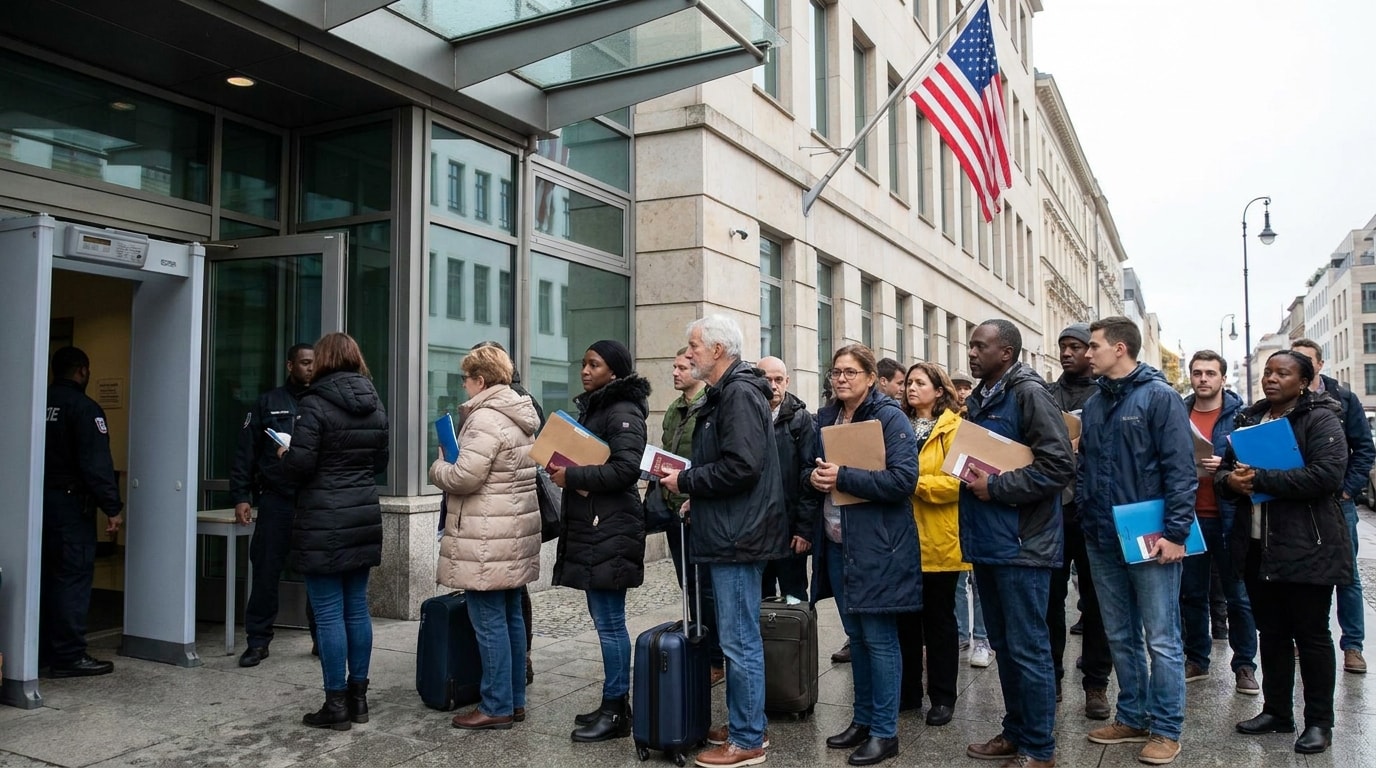 Travellers waiting with documents outside a United States embassy entrance