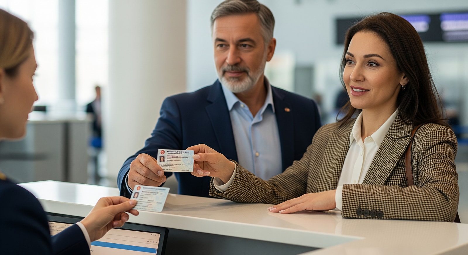 Travellers presenting residence permit cards at an international airport, illustrating Armenia visa exemption requirements
