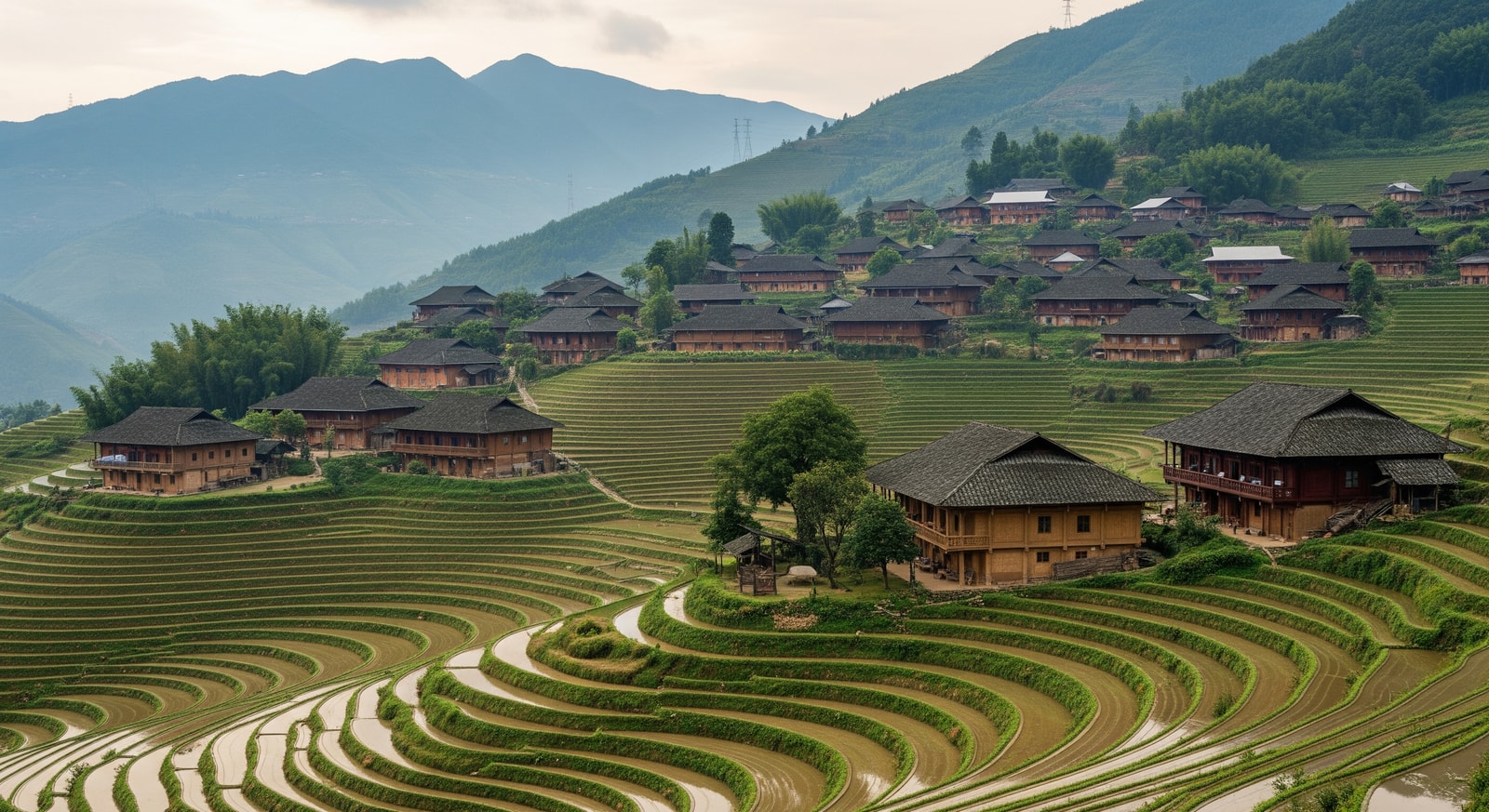 Lo Lo Chai Village terraces and traditional houses with mountains in the background