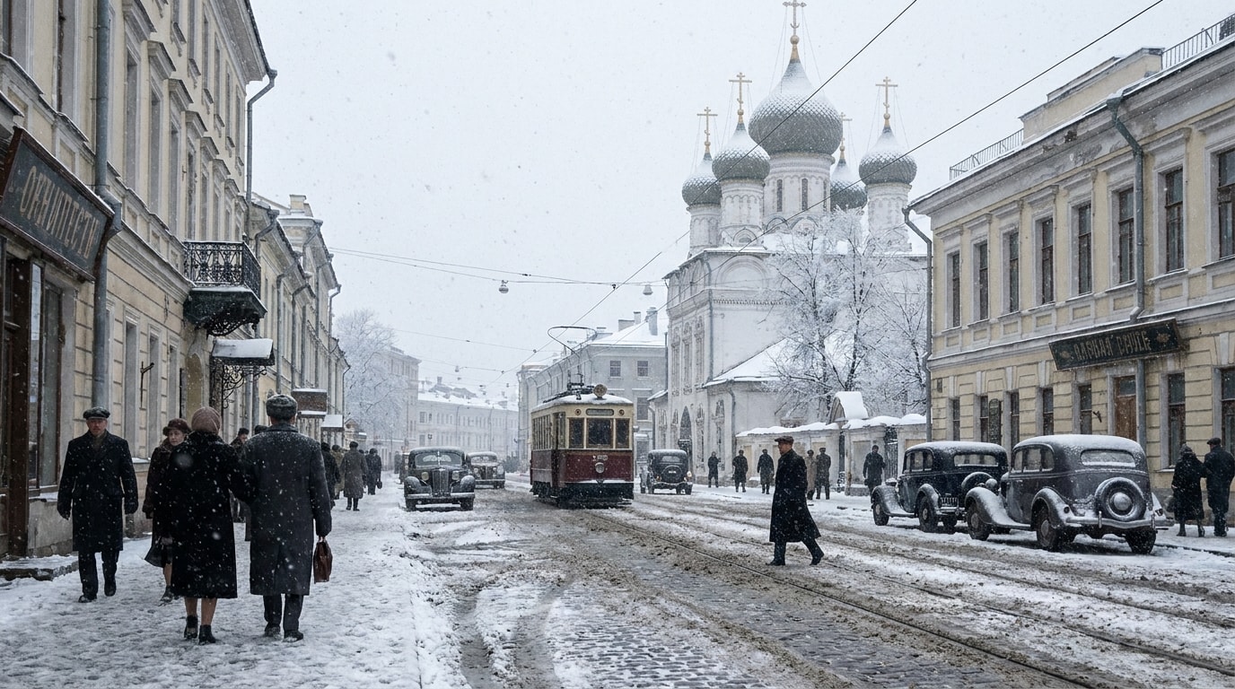 A snow-covered street and historic architecture in a Russian city during winter