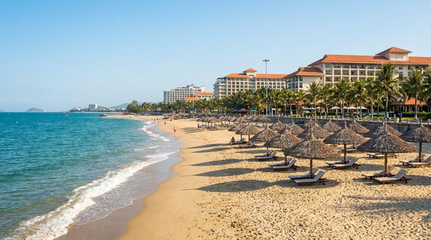 A sunny beach in Nha Trang with calm sea, umbrellas and resort buildings in the background