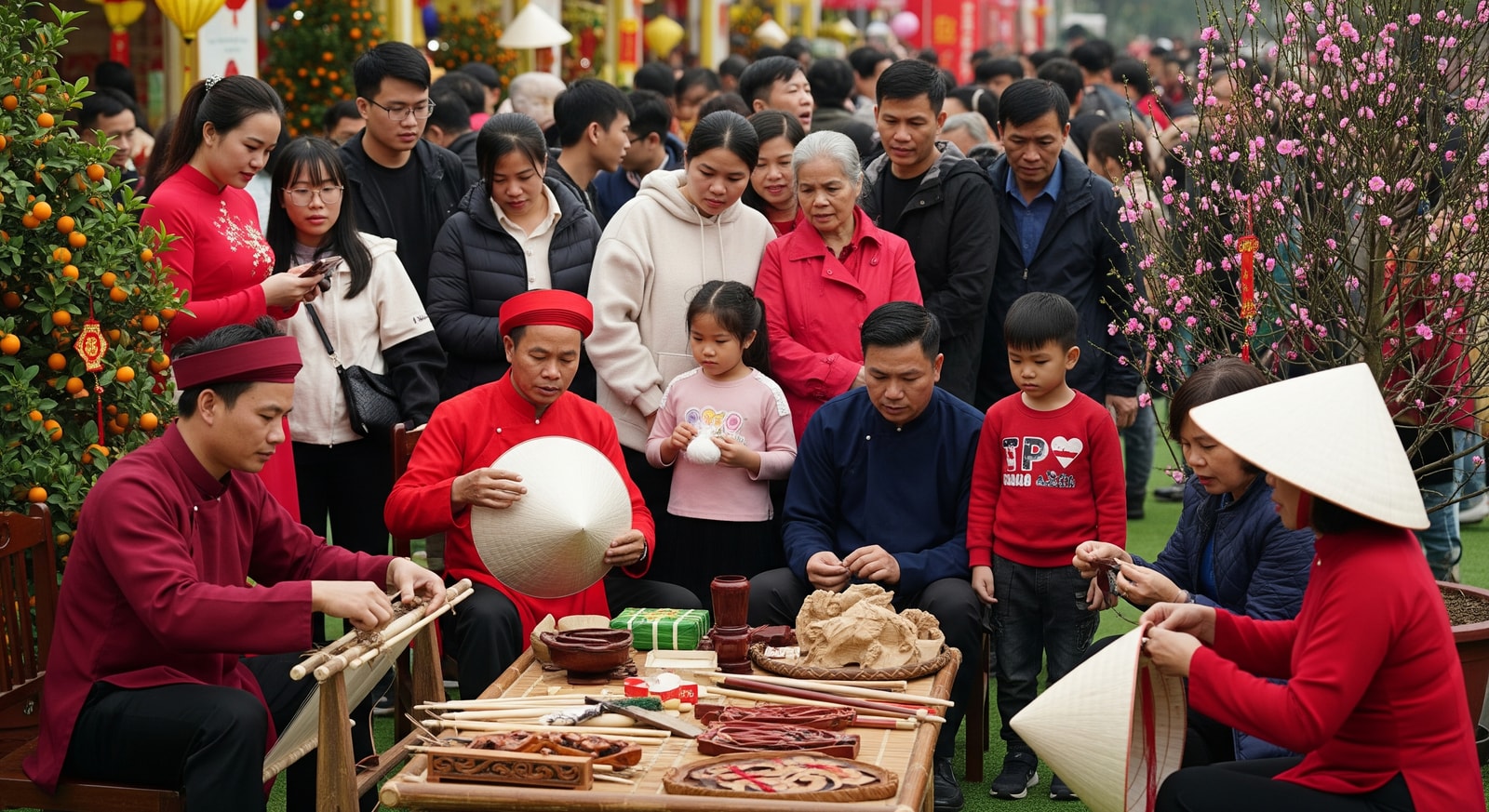 Artisans and visitors at the Vietnam National Village participating in Tet 2026 cultural activities