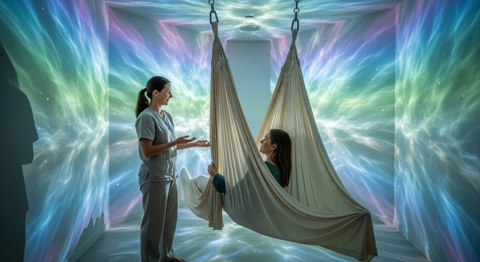 Therapist guiding a guest suspended in a hammock surrounded by immersive light effects during Aerial Flow Therapy at TIA Wellness Resort