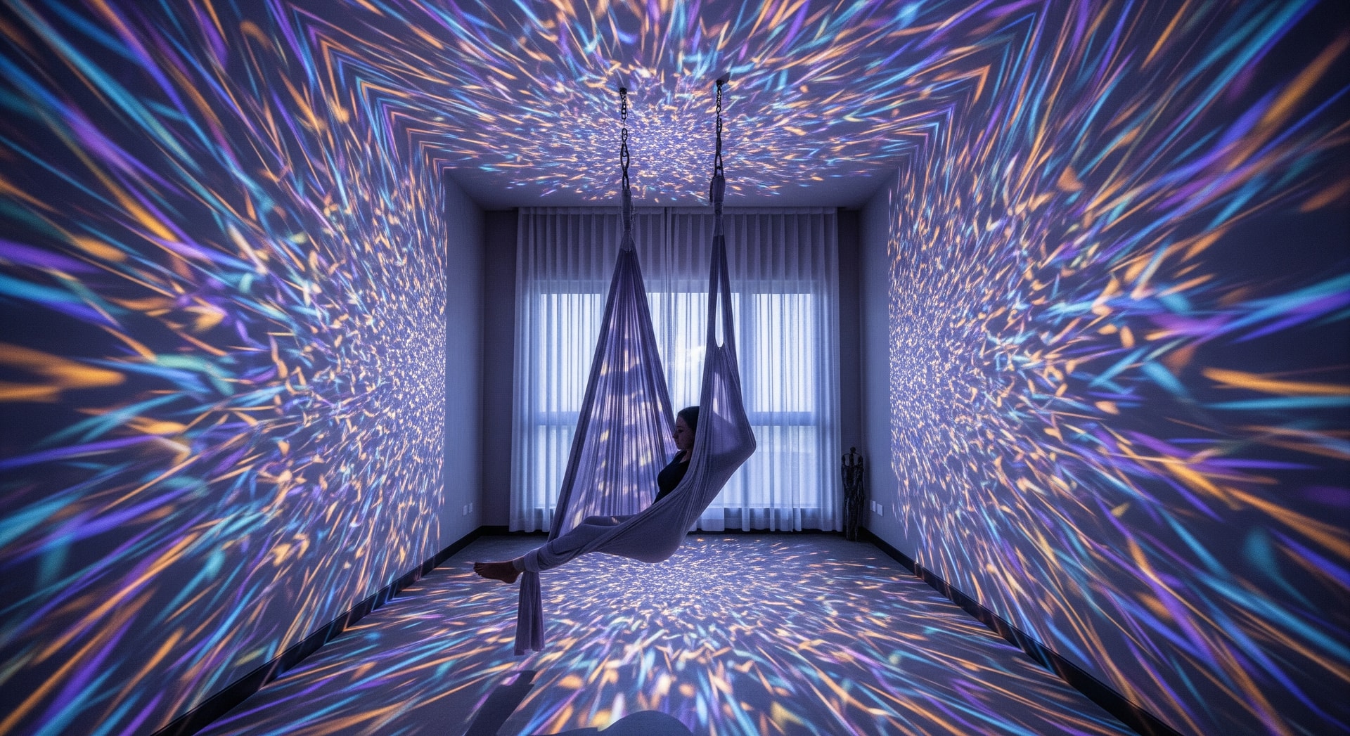 Guests experiencing Aerial Flow Therapy hammock and immersive lightscape at TIA Wellness Resort in Da Nang