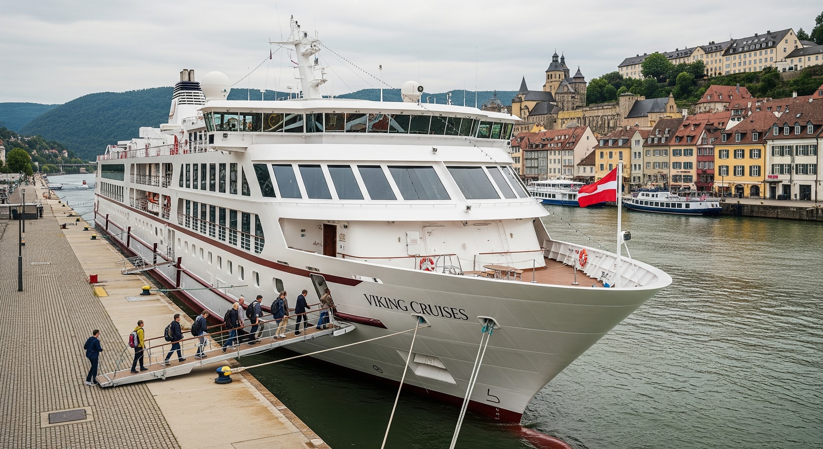 Viking Cruises ship arriving at a European river port with passengers disembarking for guided excursions
