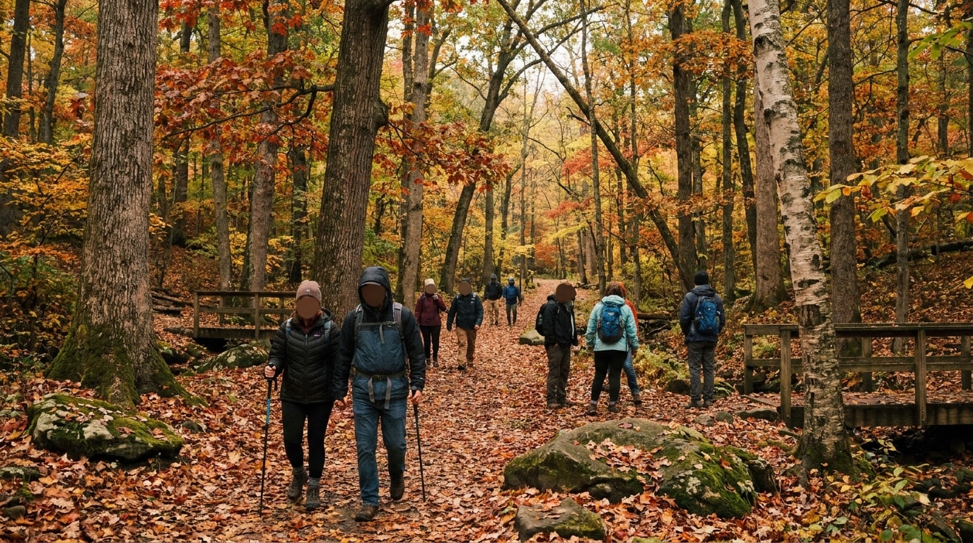 Visitors walking on a leaf-covered trail through a Virginia state park in autumn