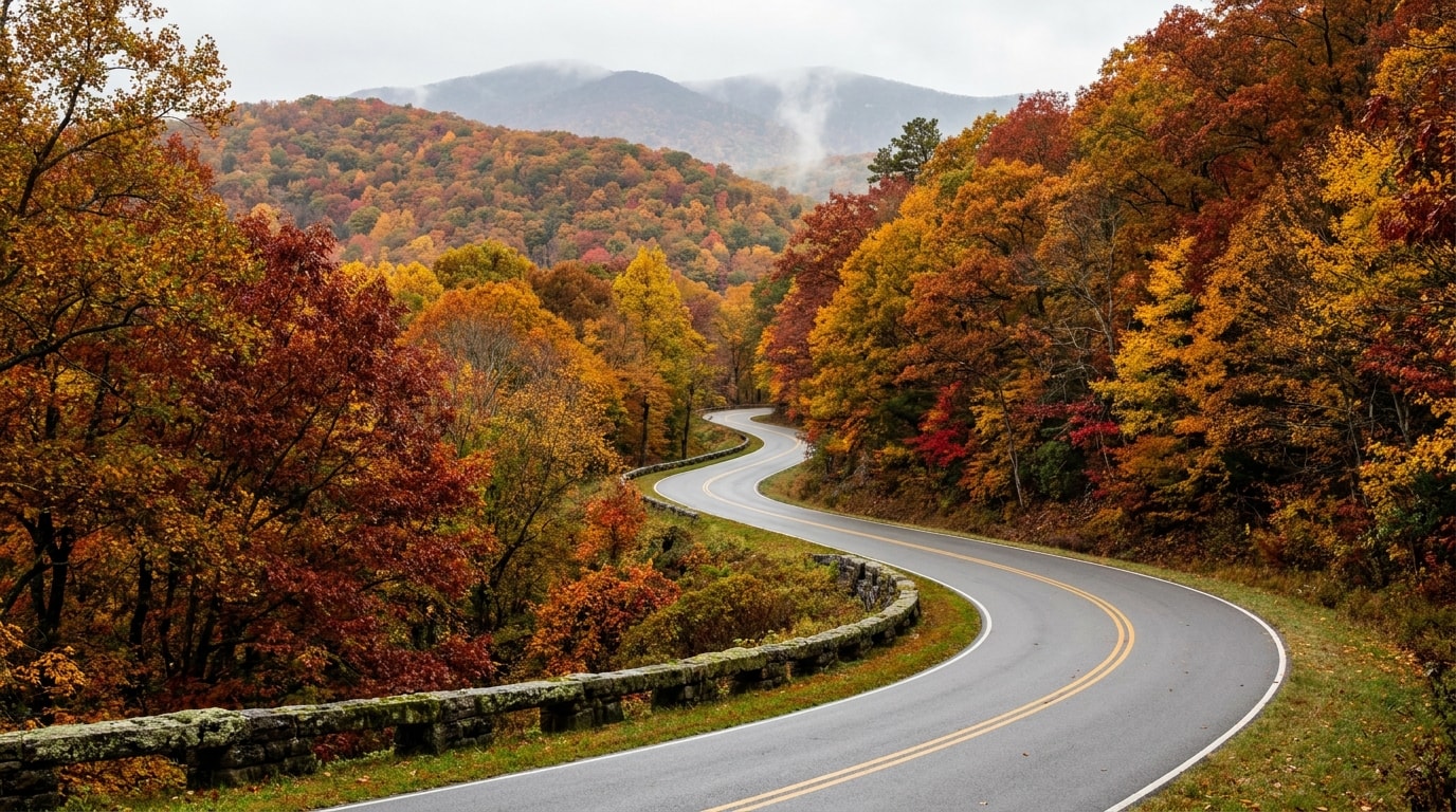 Autumn forest road winding through Virginia mountains with colorful foliage