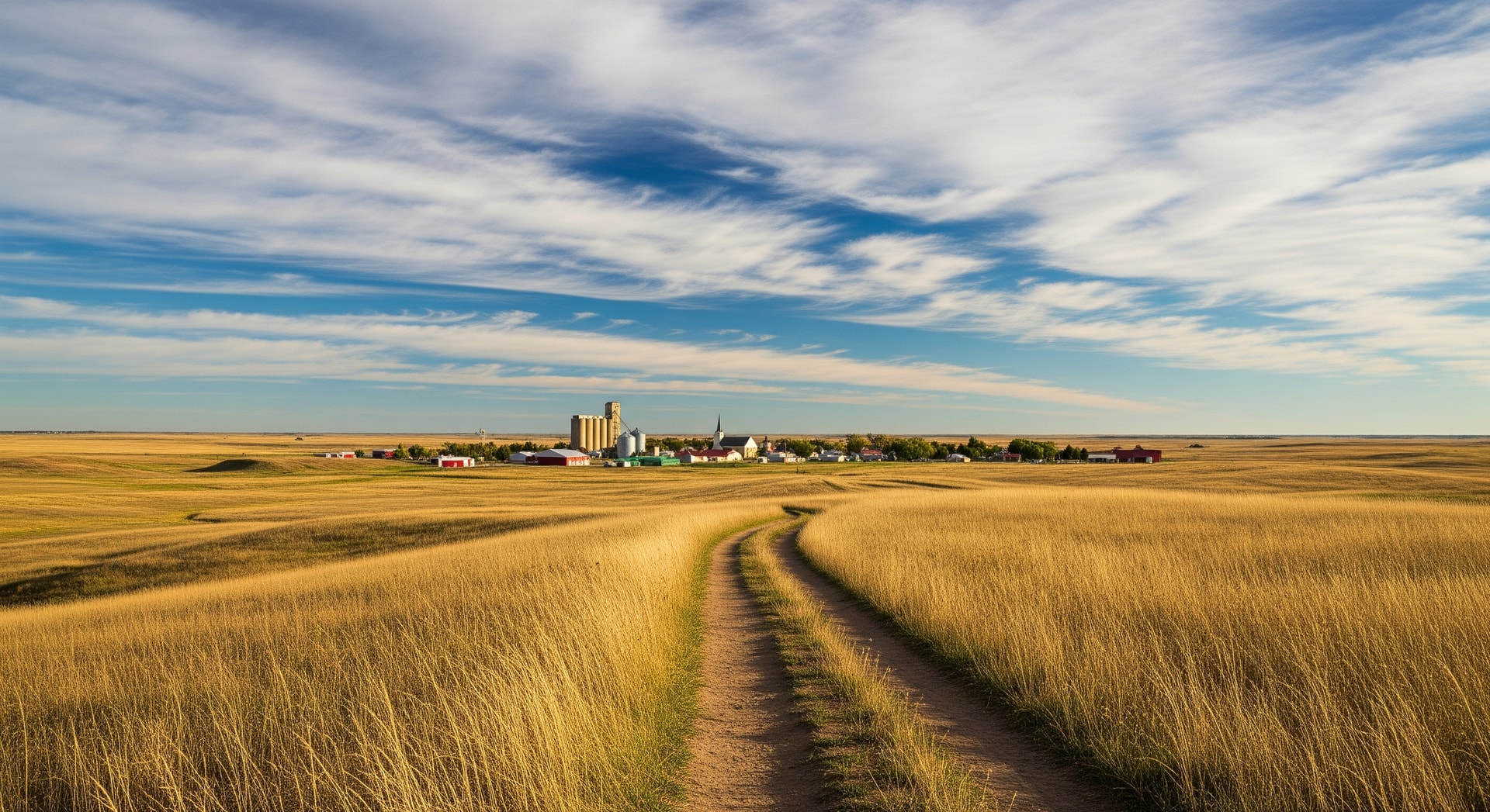 Open Nebraska prairie with a small town and trail illustrating wide-open spaces and welcoming communities