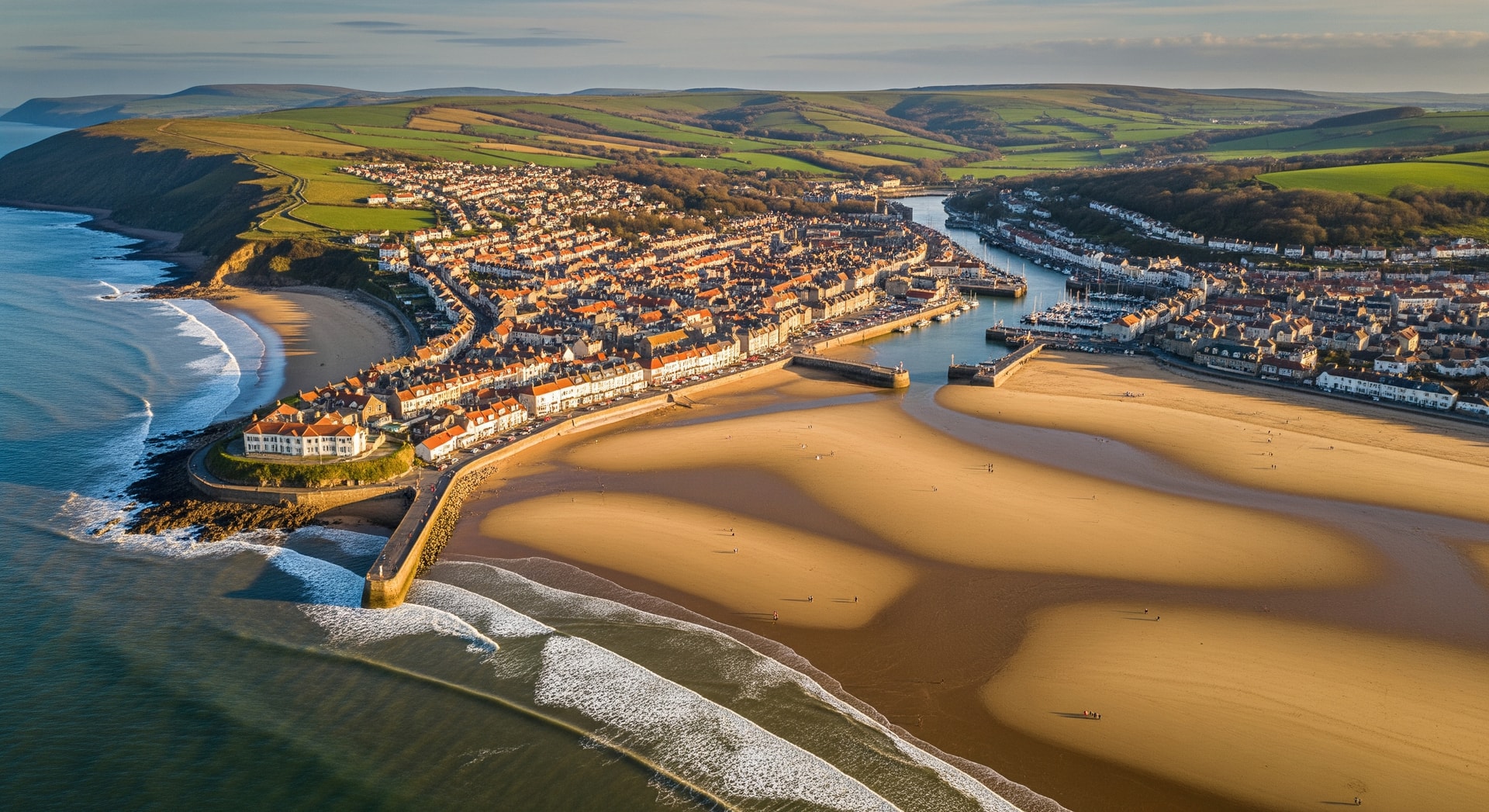 Aerial view of a sandy beach and coastal town on the North West coast of England