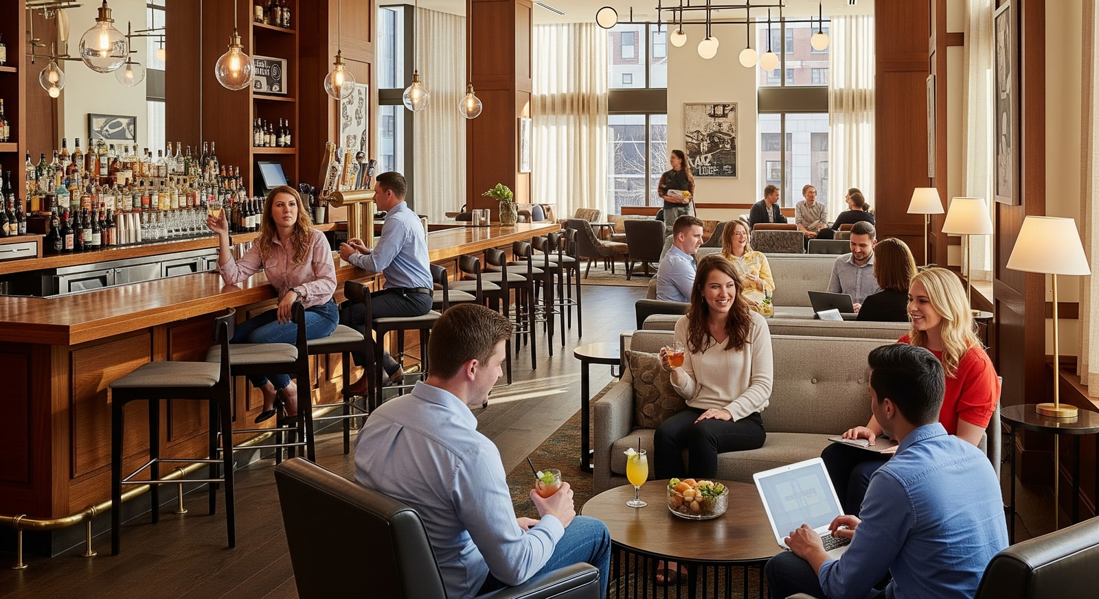 Center City Philadelphia hotel lobby bar area with seating, highlighting lifestyle hospitality and guest experience