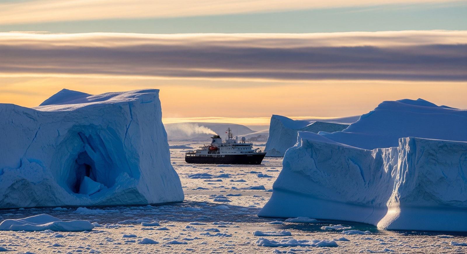 Iceberg-strewn Weddell Sea with an expedition vessel in the distance illustrating Weddell Sea travel