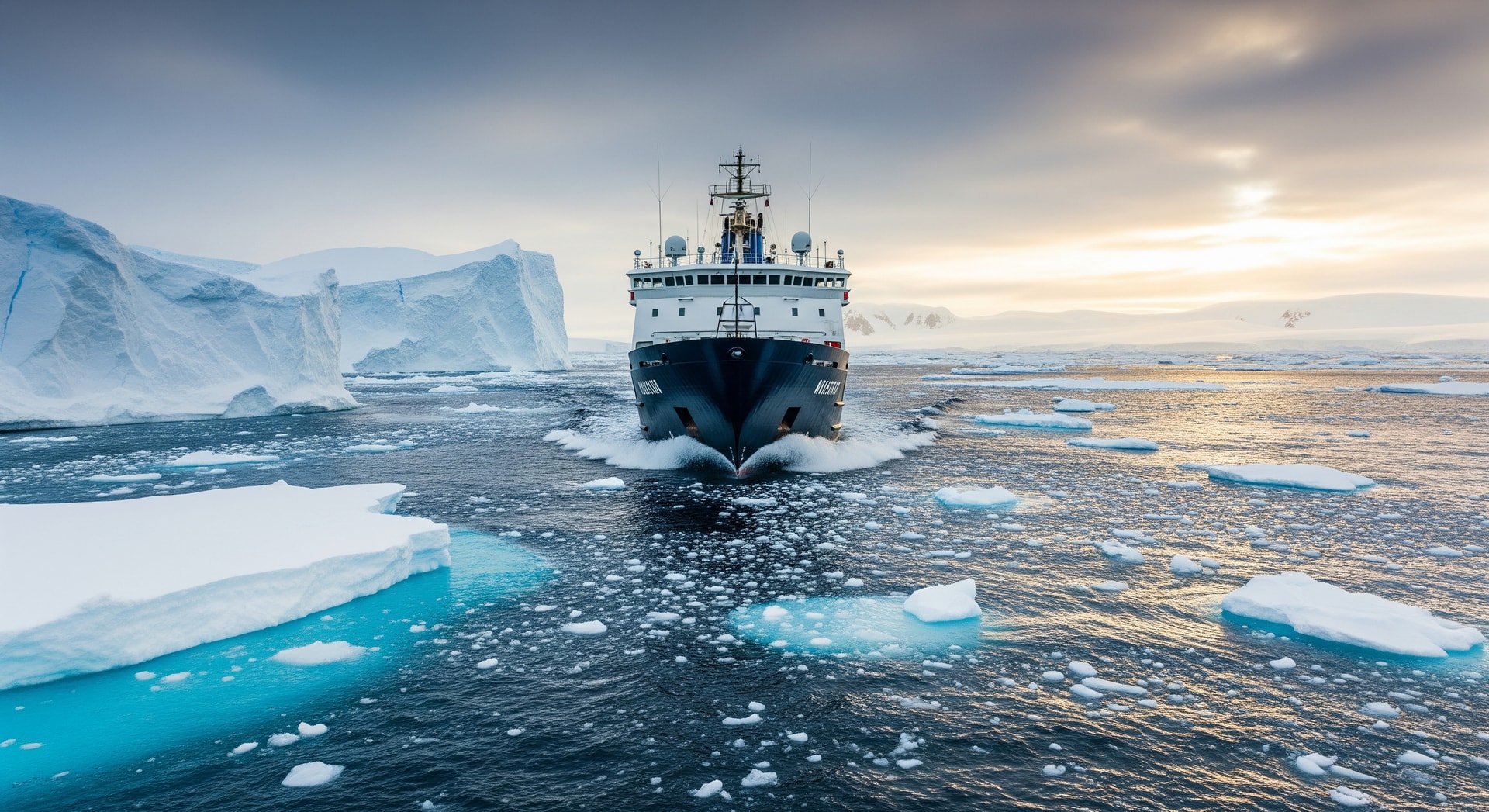 Ice-strengthened expedition vessel navigating the frozen expanse of the Weddell Sea