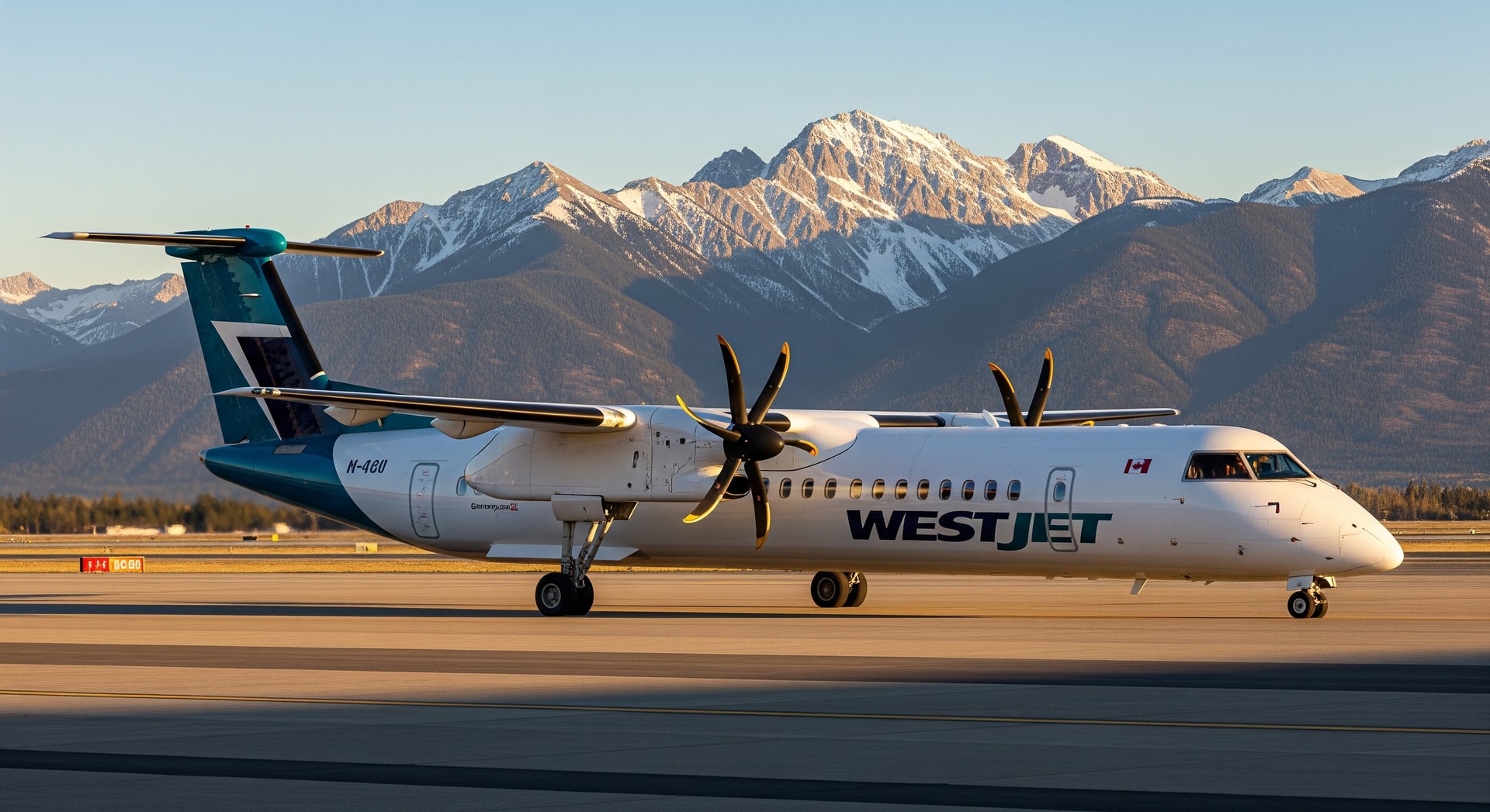 WestJet Q400 turboprop on the tarmac with mountainous backdrop