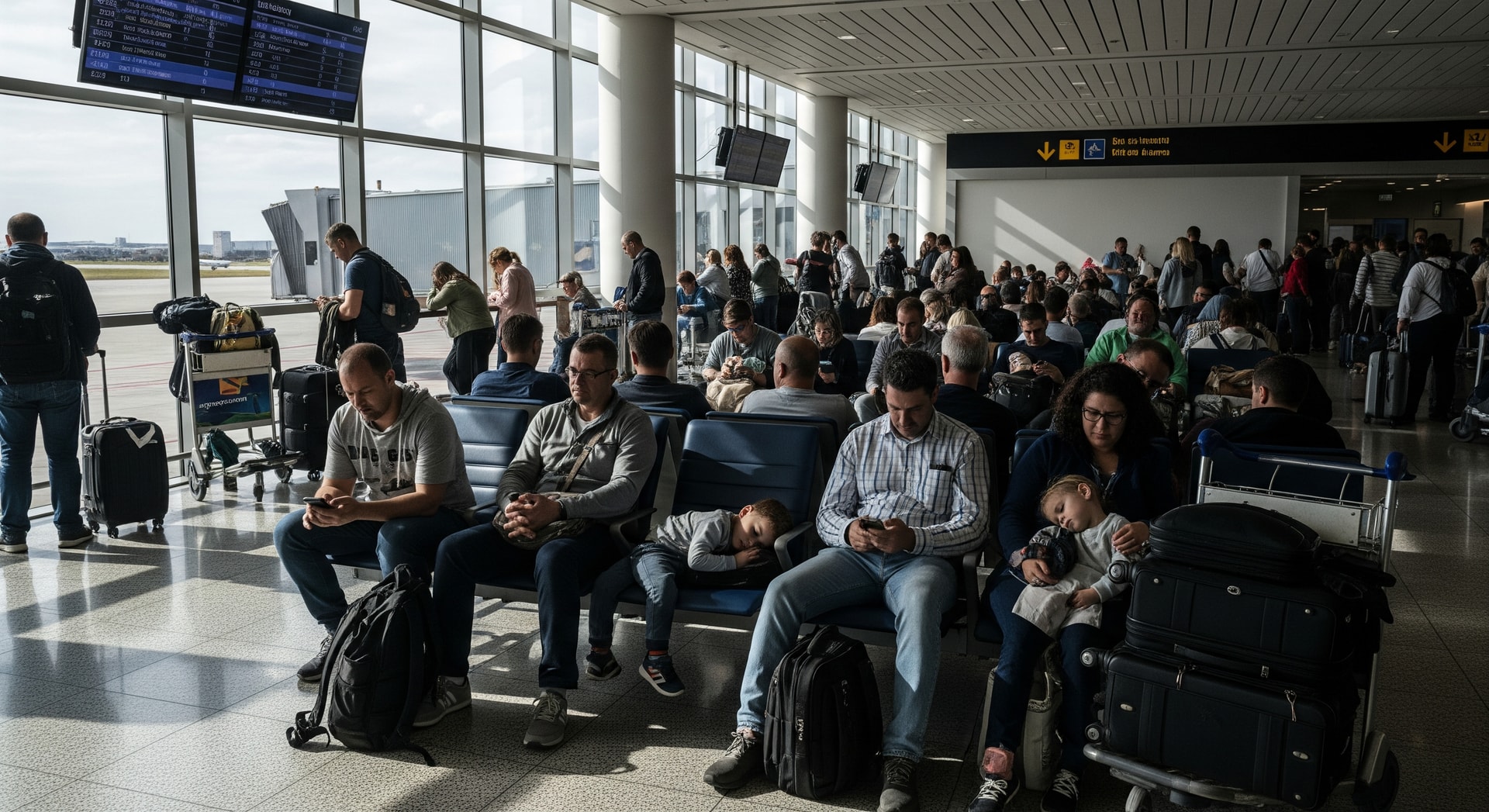 Passengers waiting at an airport gate amid flight delays