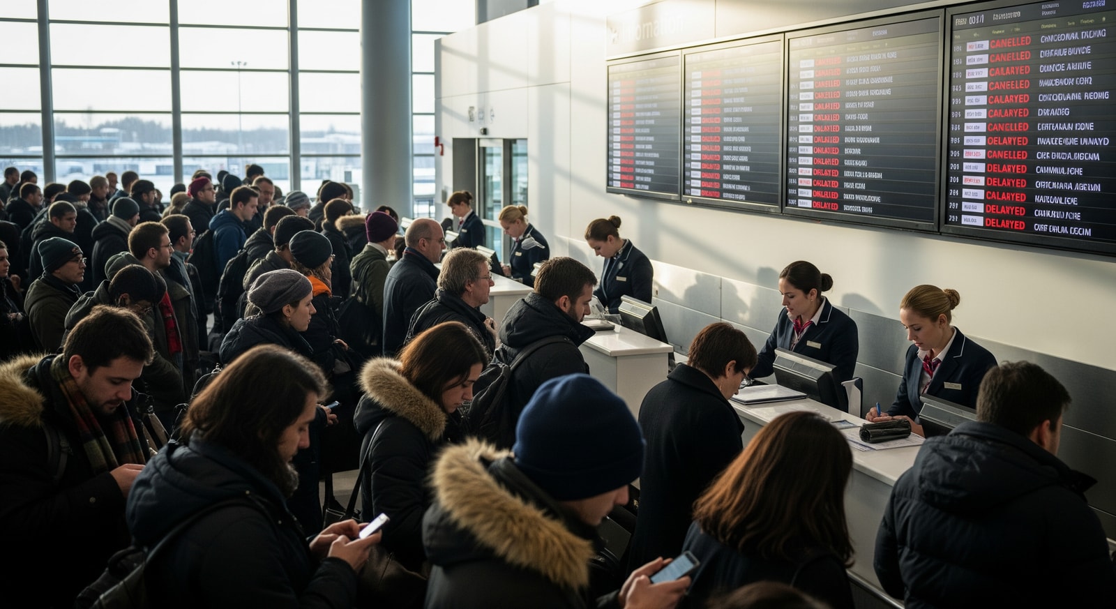 Passengers queuing at an airport information desk amid winter flight cancellations and delays