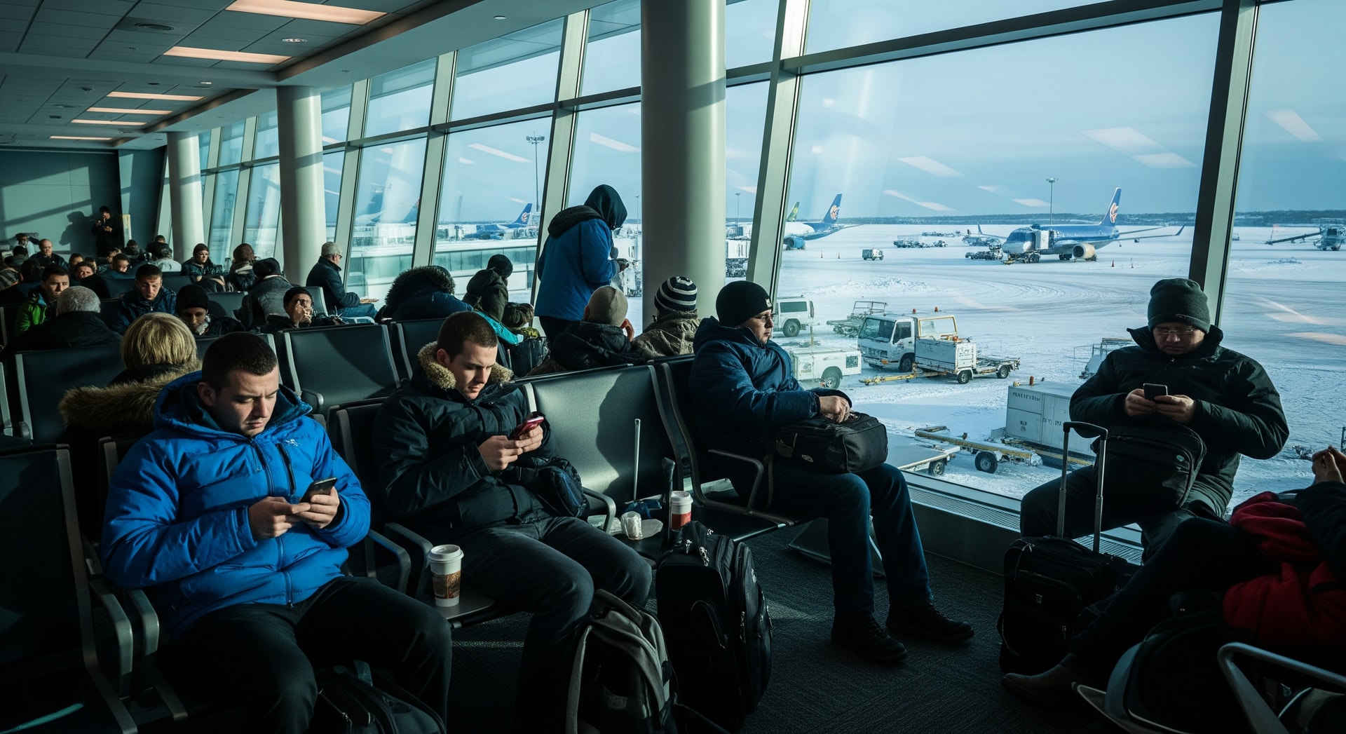 Passengers waiting at an airport departure lounge during winter disruptions caused by snow and ice