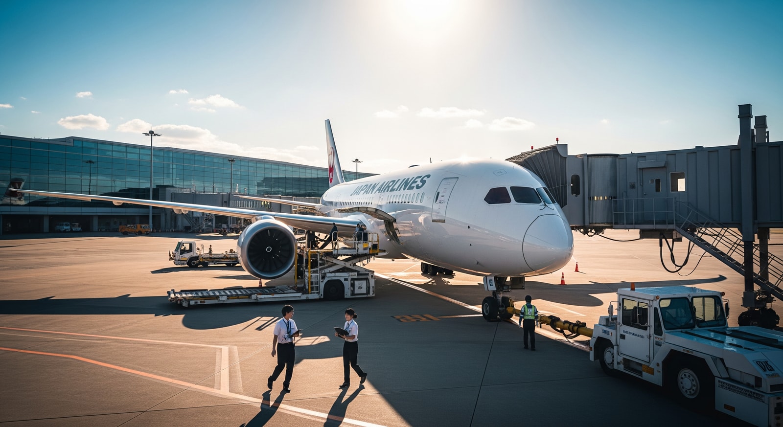 Japan Airlines plane parked at a gate with airport staff handling boarding