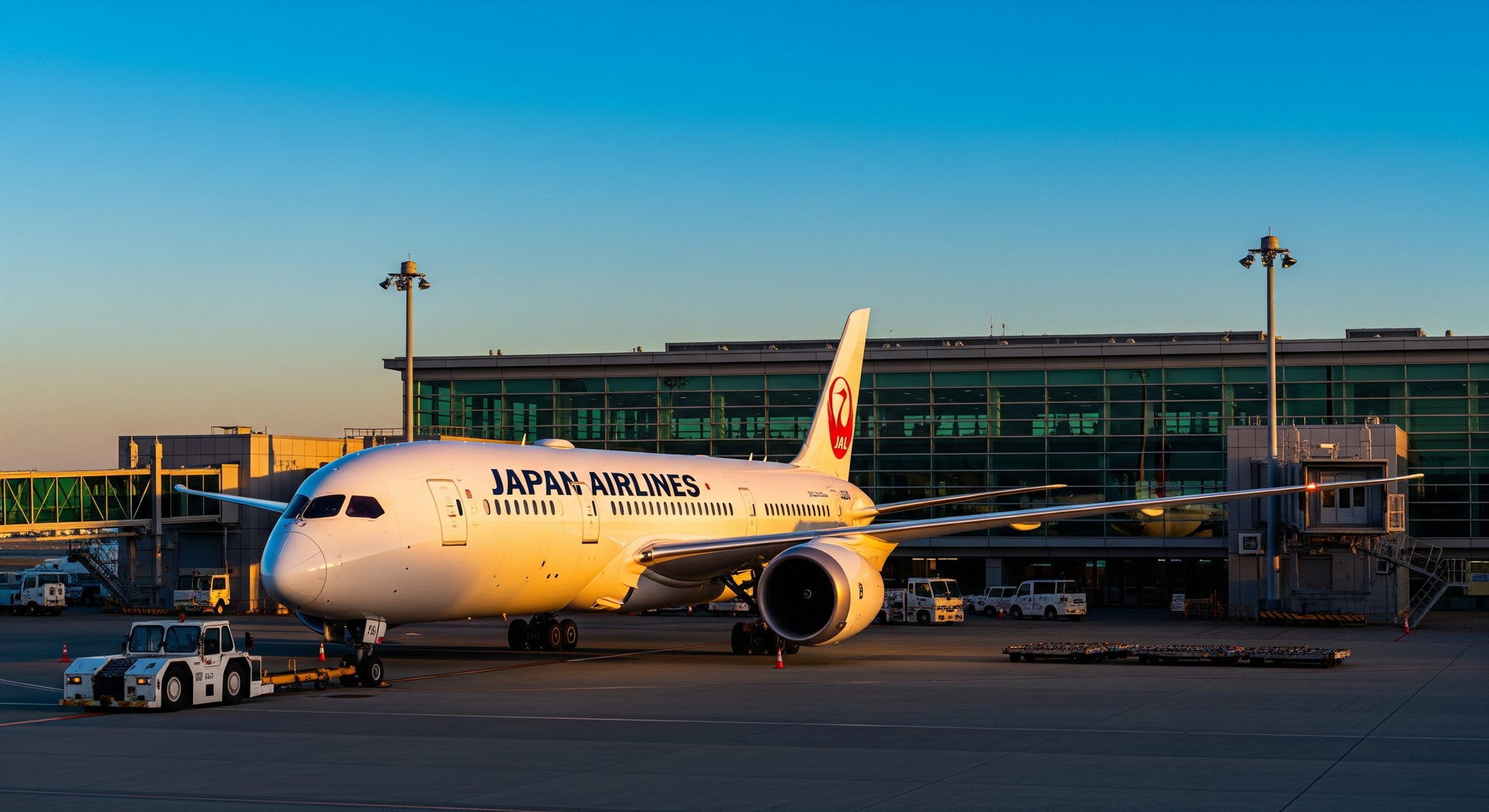 Japan Airlines aircraft on the tarmac with a terminal in the background