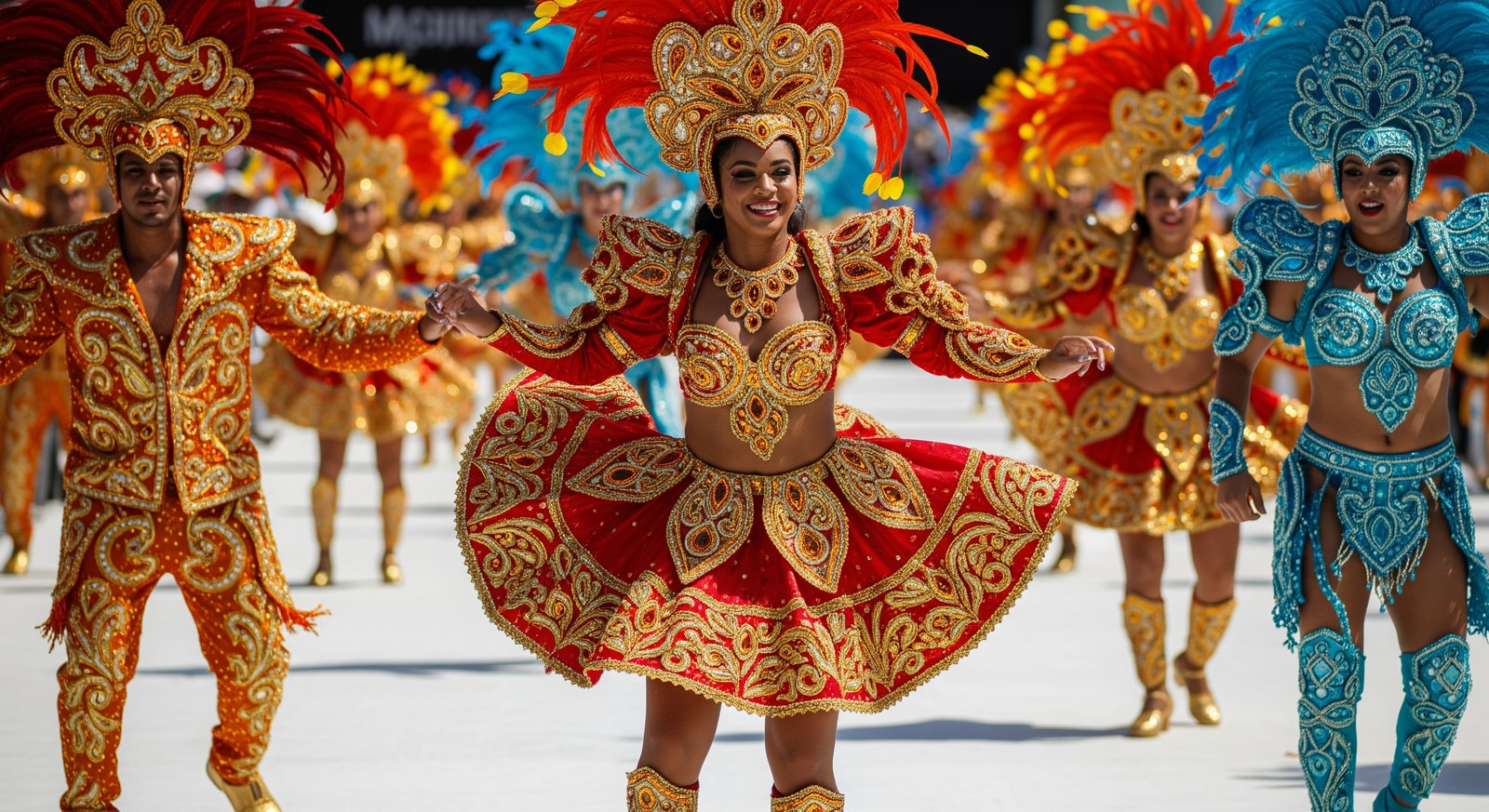 Carnival dancers in costume performing Cumbia during Barranquilla Carnival on Colombia's Caribbean coast