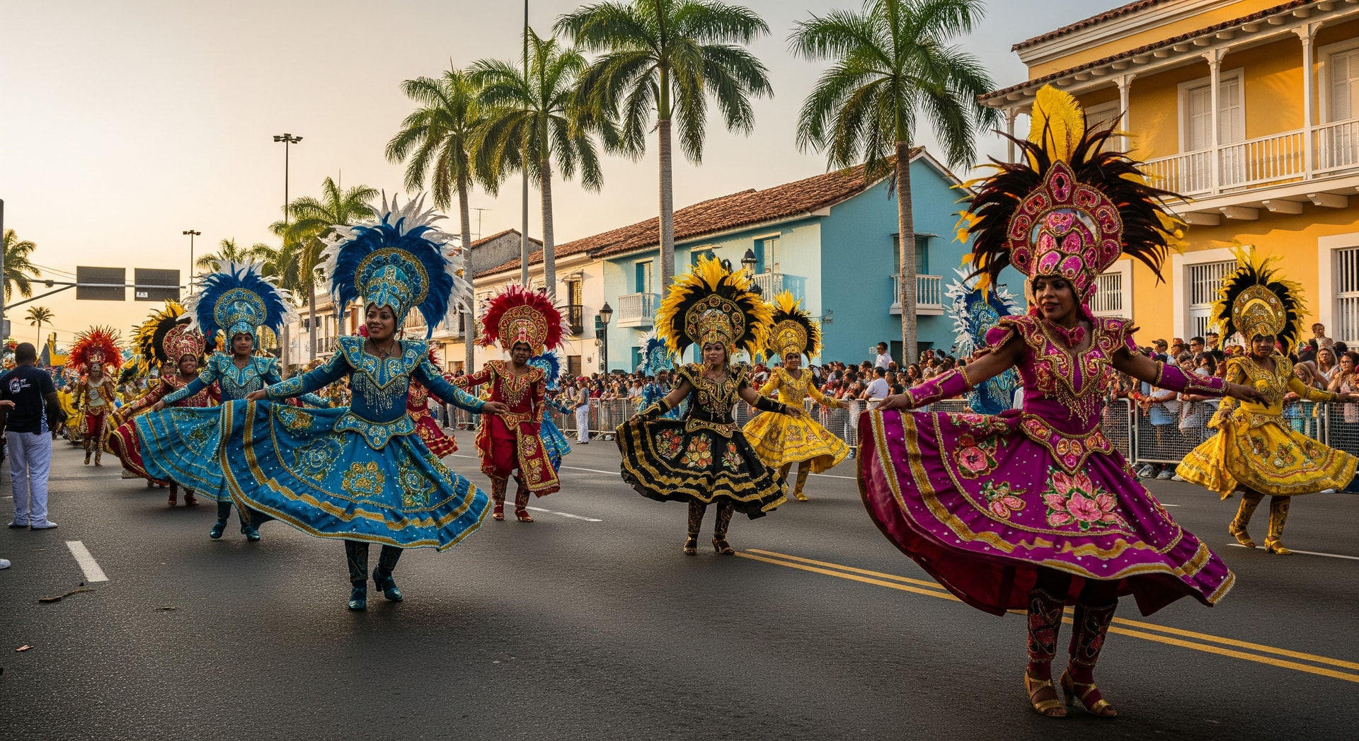 Dancers in colorful costumes performing at the Barranquilla Carnival parade on Colombia's Caribbean coast