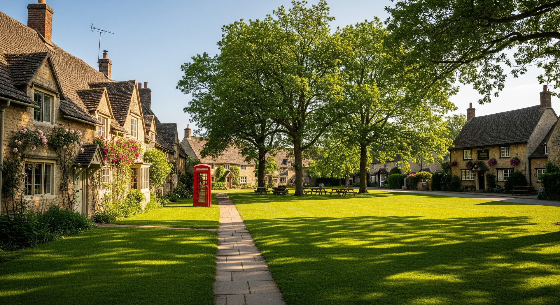Quintessential stone cottages and a village green in Hambleden, Buckinghamshire